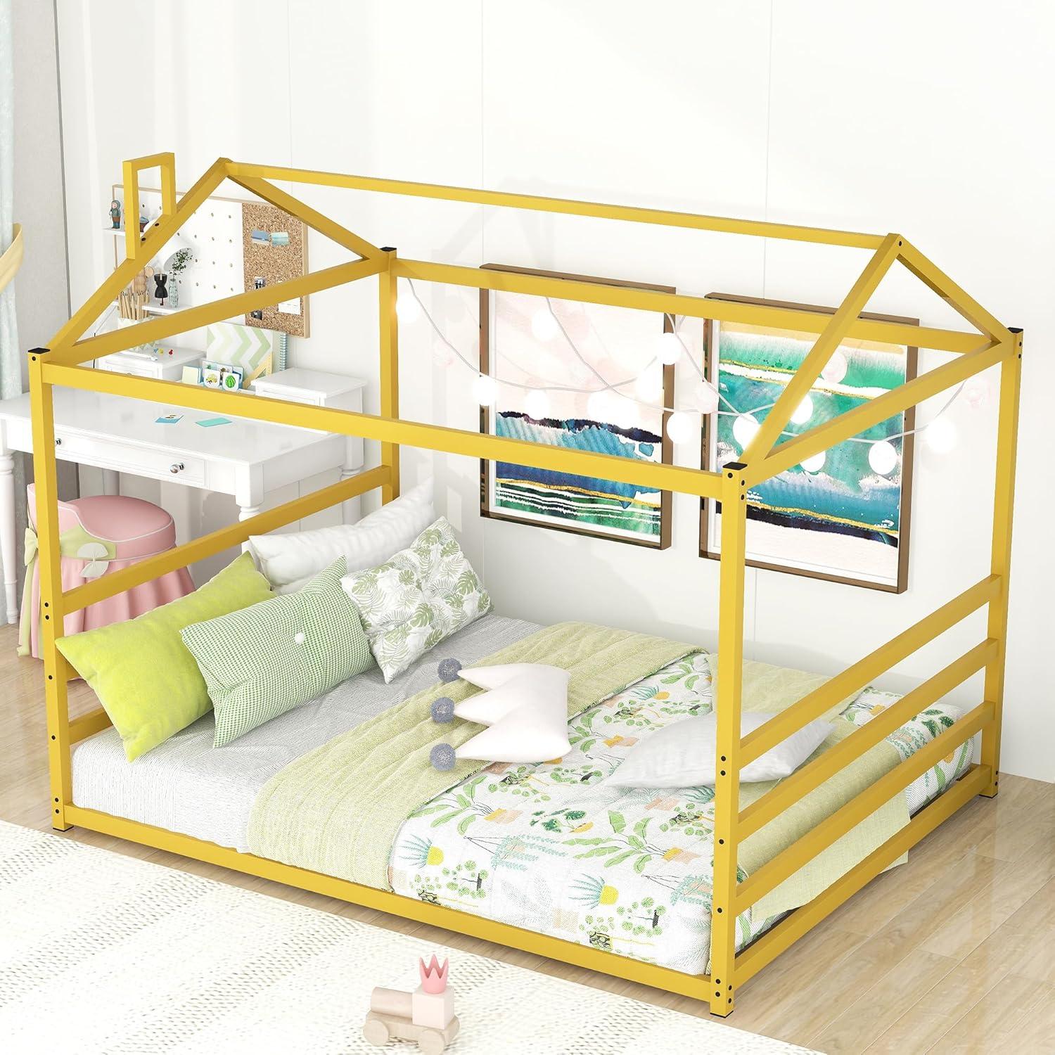Cama de Piso Montessori Bellemave Queen Metal Dorada