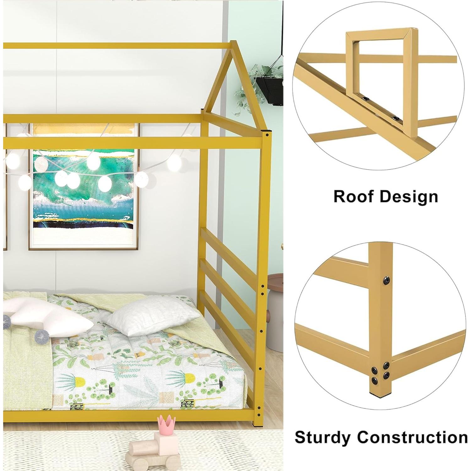 Cama de Piso Montessori Bellemave Queen Metal Dorada