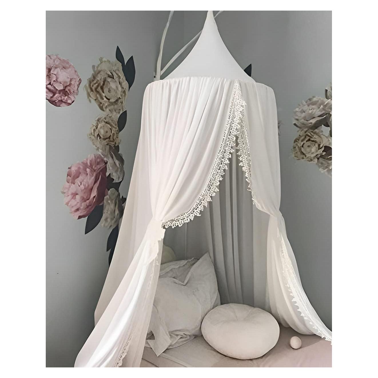 Dosel Infantil OldPAPA con Red de Mosquito y Pom Pom, Blanco