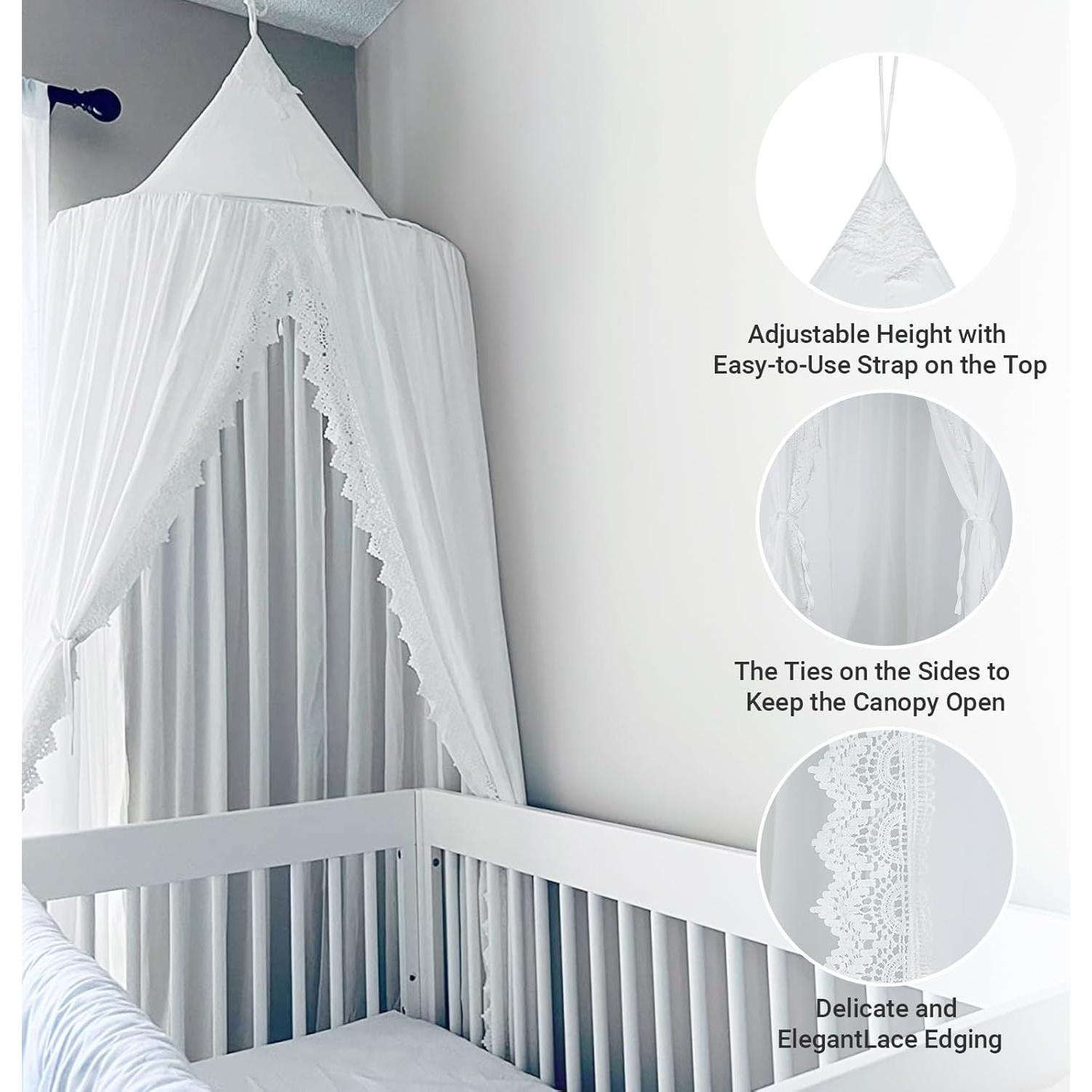 Dosel Infantil OldPAPA con Red de Mosquito y Pom Pom, Blanco