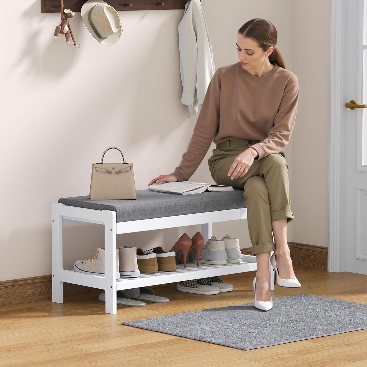 Banco Zapatero LOUCIORA Madera Sólida 2 Niveles Blanco