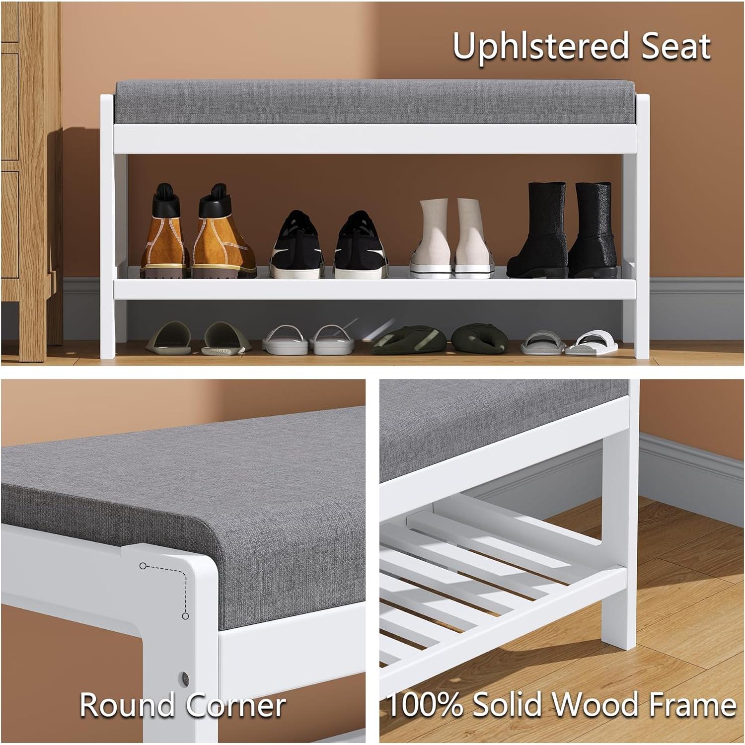 Banco Zapatero LOUCIORA Madera Sólida 2 Niveles Blanco