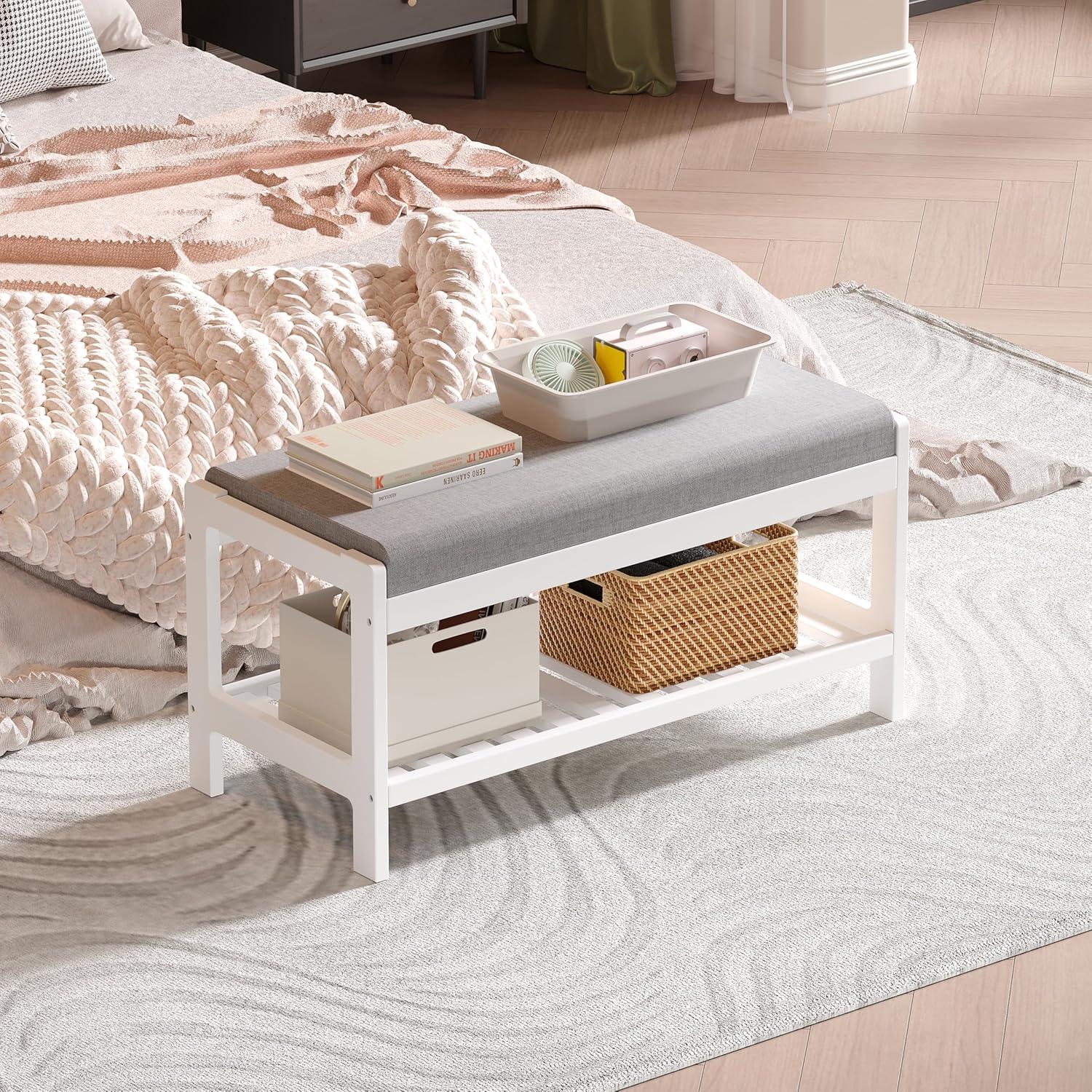 Banco Zapatero LOUCIORA Madera Sólida 2 Niveles Blanco