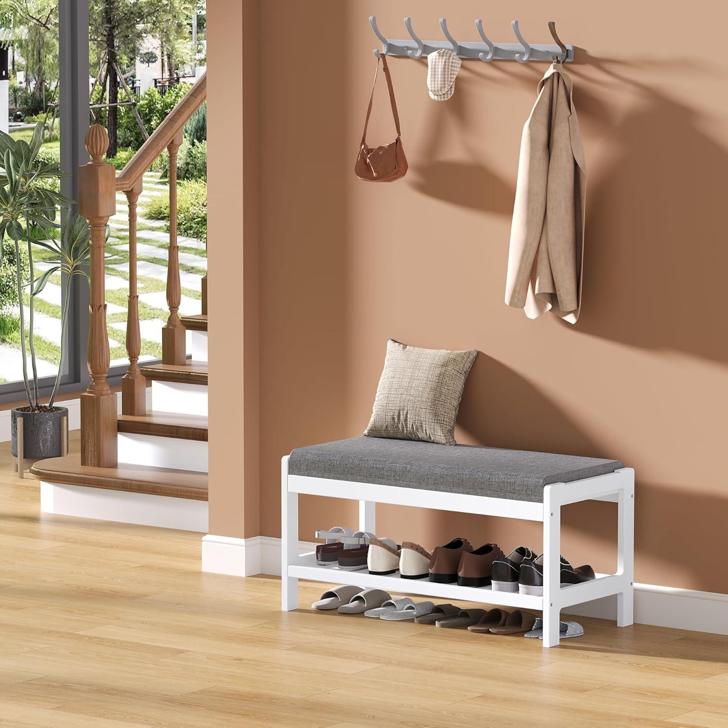 Banco Zapatero LOUCIORA Madera Sólida 2 Niveles Blanco