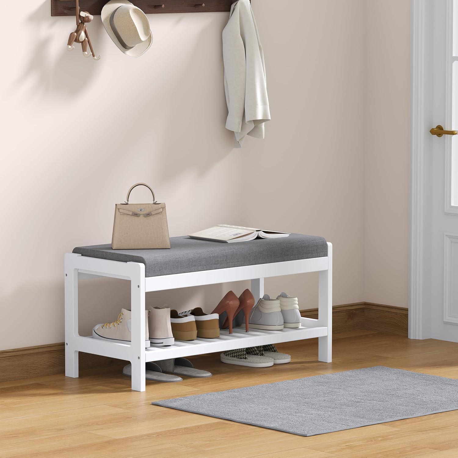 Banco Zapatero LOUCIORA Madera Sólida 2 Niveles Blanco