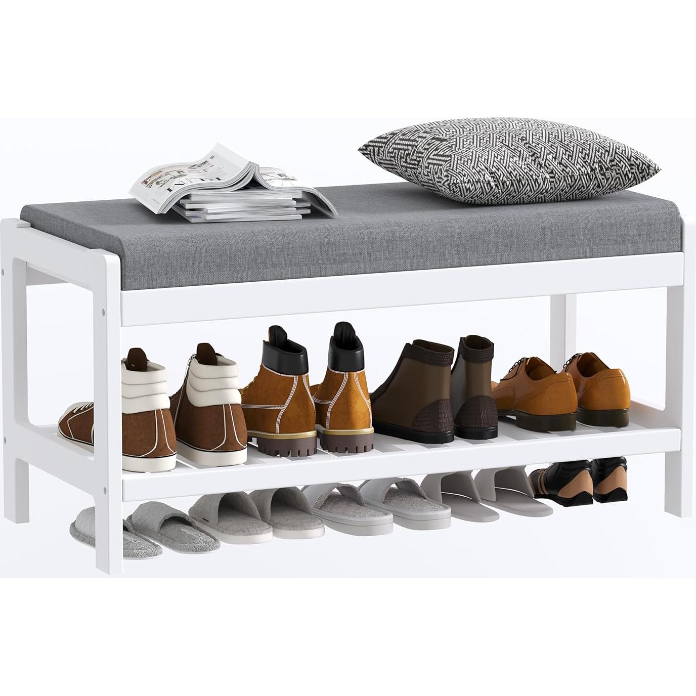 Banco Zapatero LOUCIORA Madera Sólida 2 Niveles Blanco