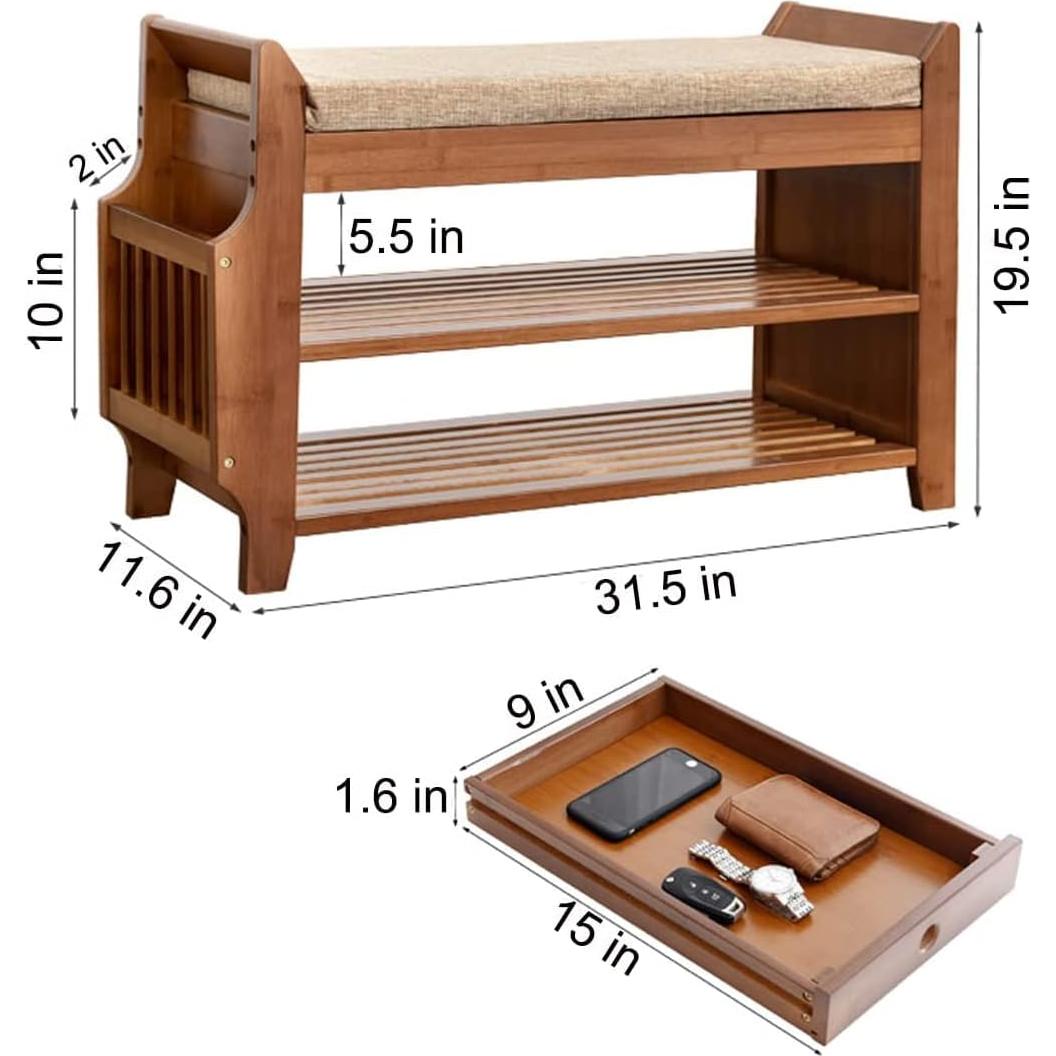 Banco de Zapatos PETKABOO de Bambú 80 cm 2 Niveles Marrón