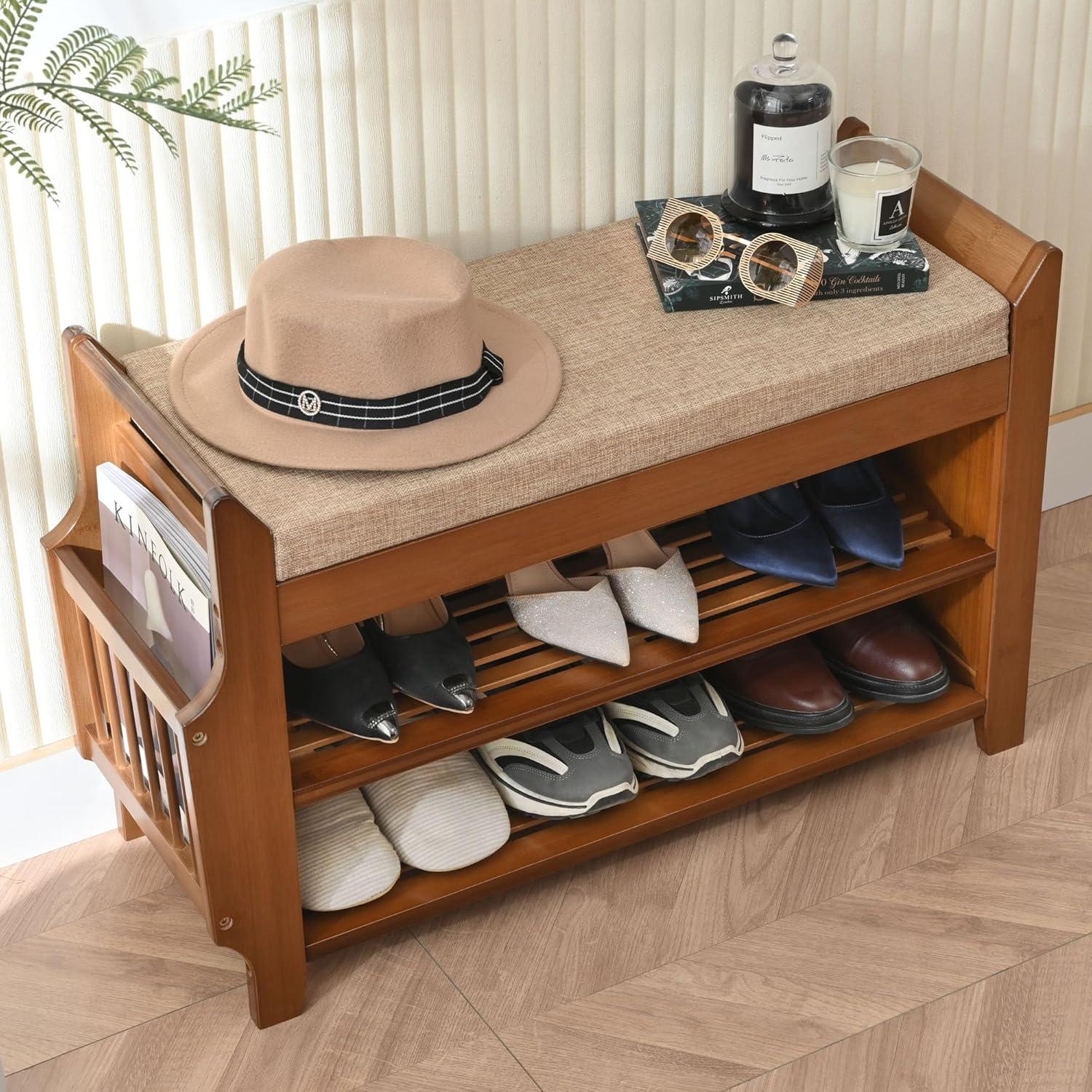 Banco de Zapatos PETKABOO de Bambú 80 cm 2 Niveles Marrón