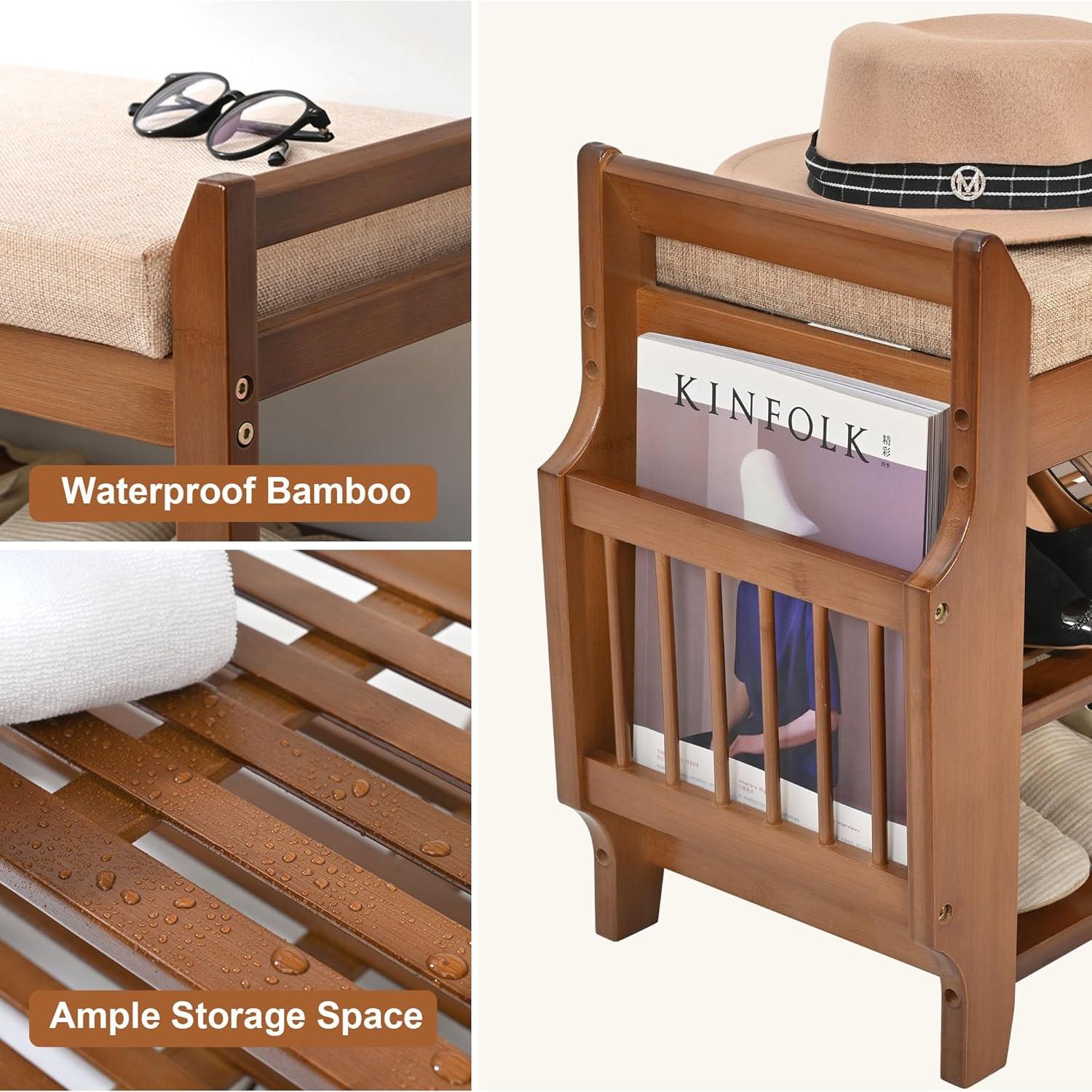 Banco de Zapatos PETKABOO de Bambú 80 cm 2 Niveles Marrón