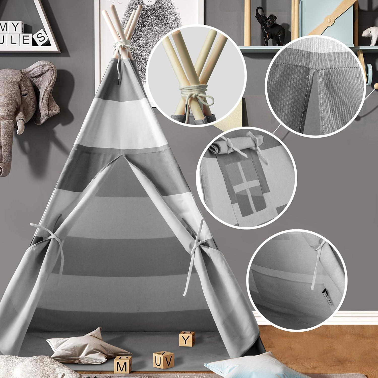 Tienda Teepee para Niños Ukadou Rayas Grises 121.9x121.9cm
