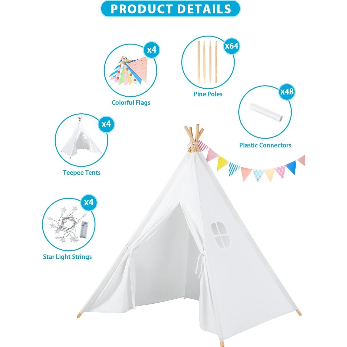Tienda Teepee para Niños Wilwolfer 4 Piezas con Luces y Banderas