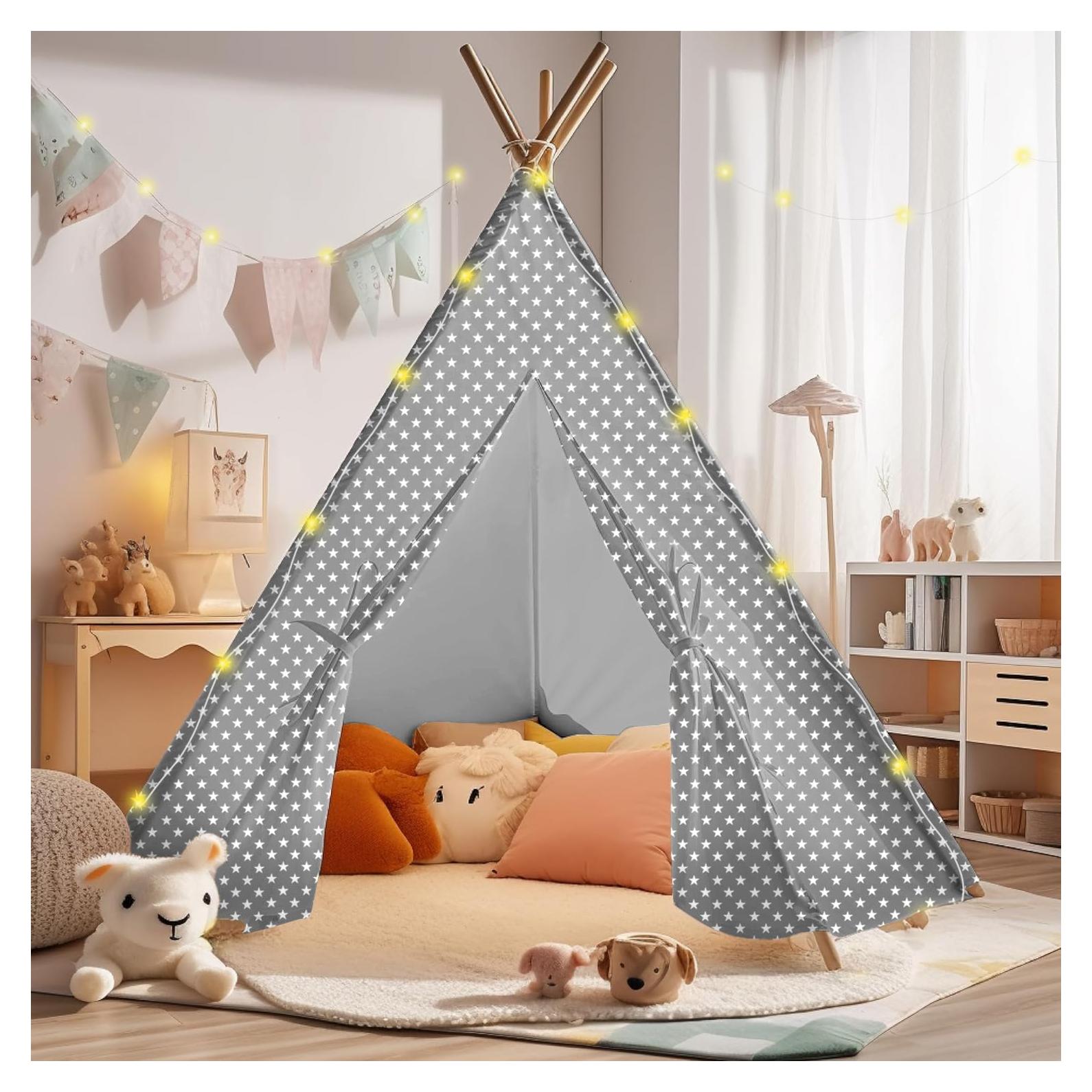 Tienda Teepee para Niños Atlasonix Gris con Luces Estrelladas