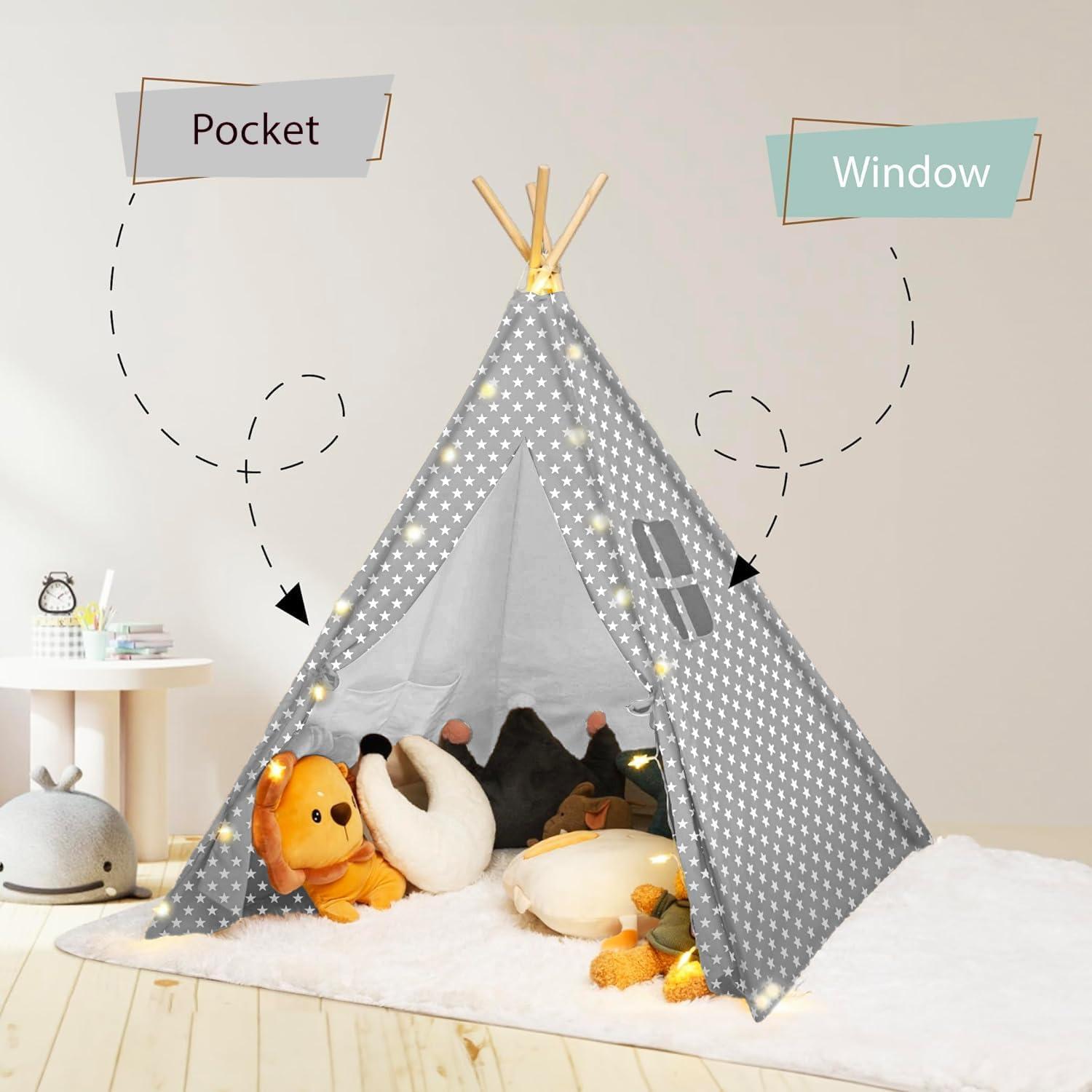 Tienda Teepee para Niños Atlasonix Gris con Luces Estrelladas
