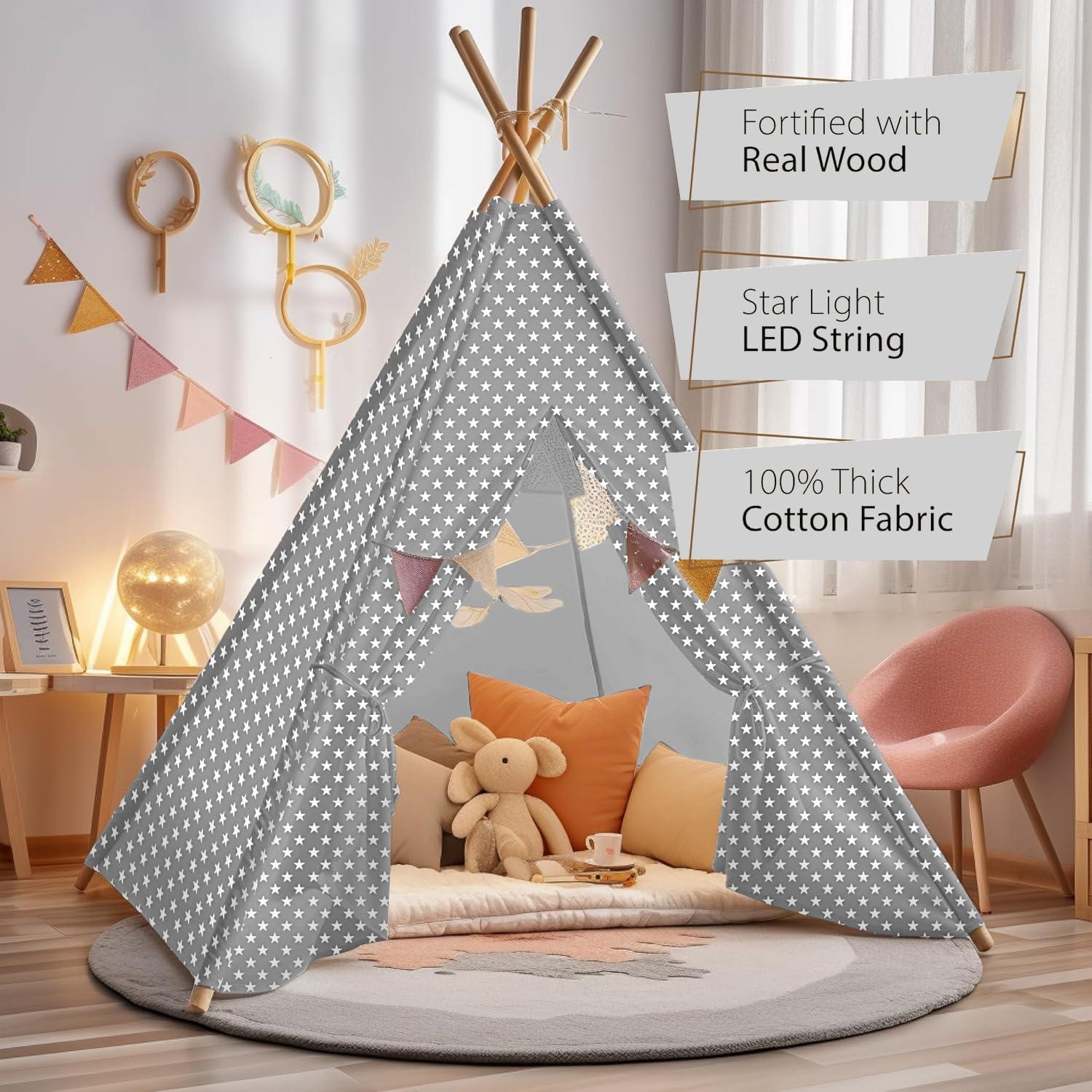 Tienda Teepee para Niños Atlasonix Gris con Luces Estrelladas