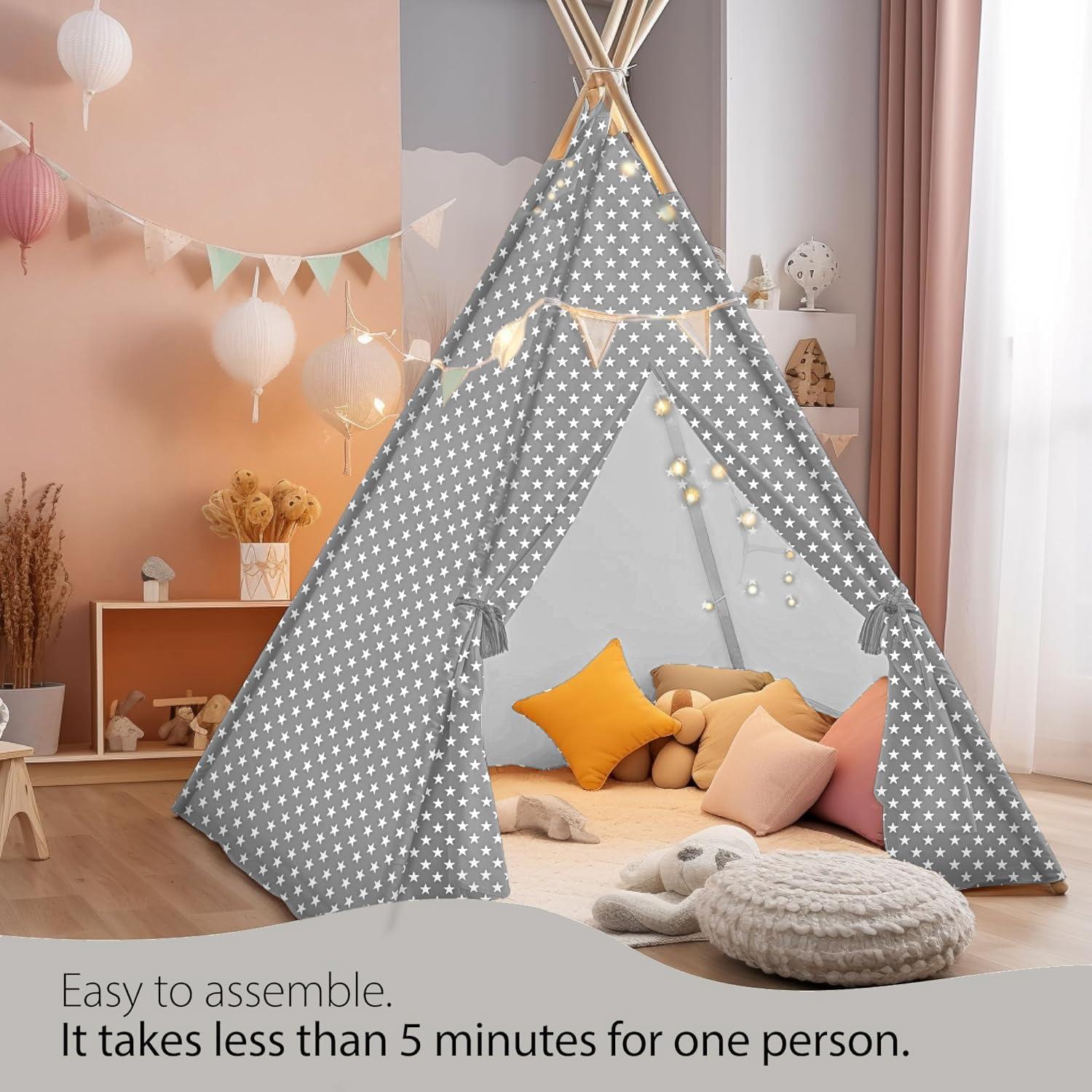 Tienda Teepee para Niños Atlasonix Gris con Luces Estrelladas