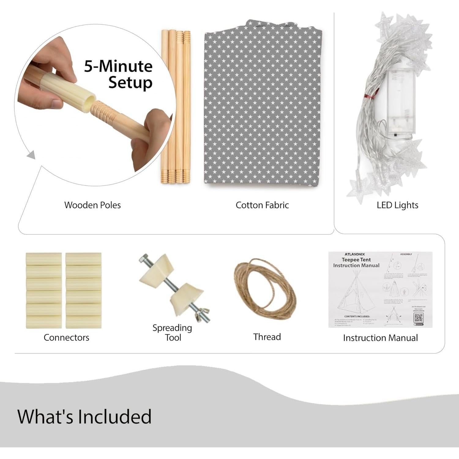 Tienda Teepee para Niños Atlasonix Gris con Luces Estrelladas