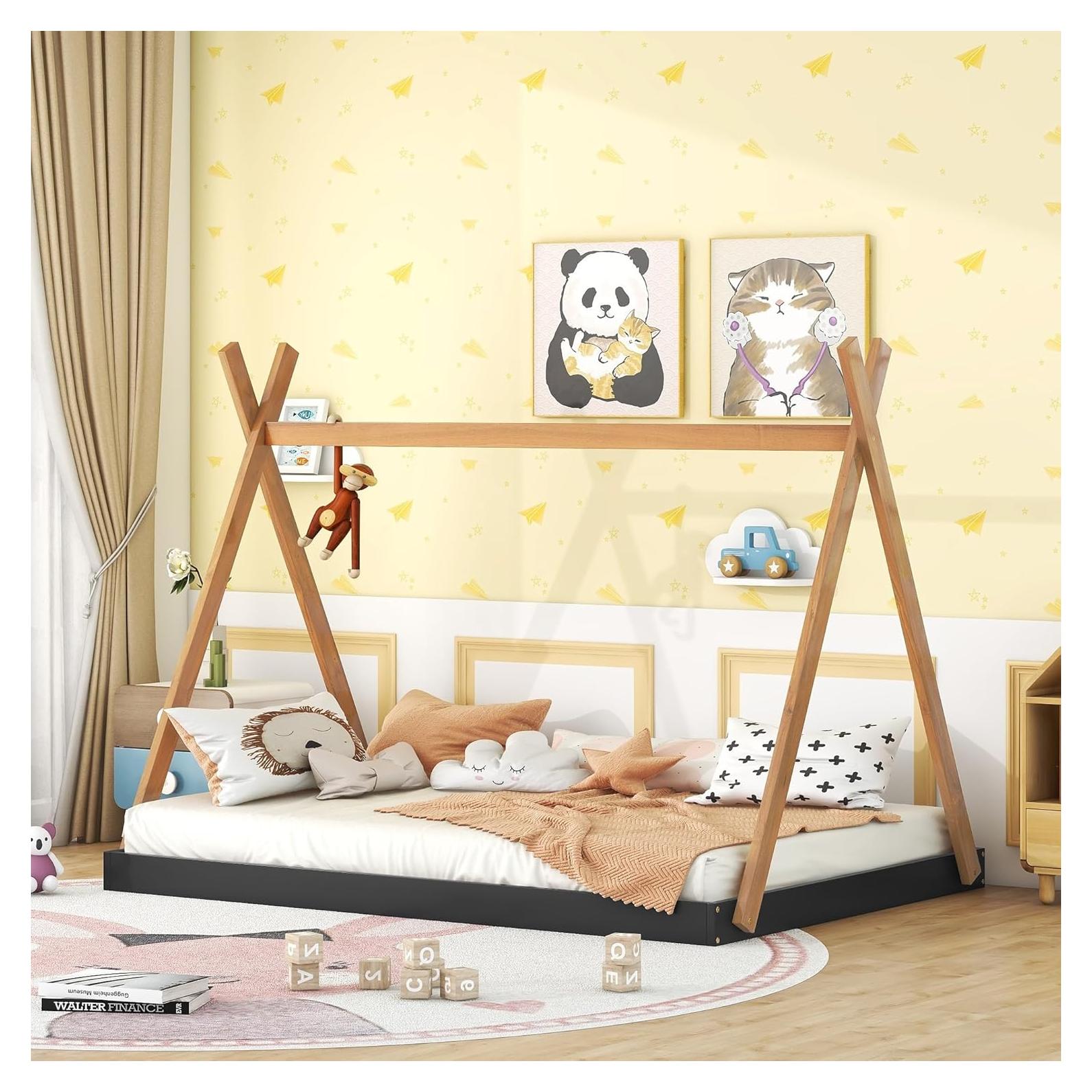 Cama Tipi de Madera Completo Mirightone para Niños Negra