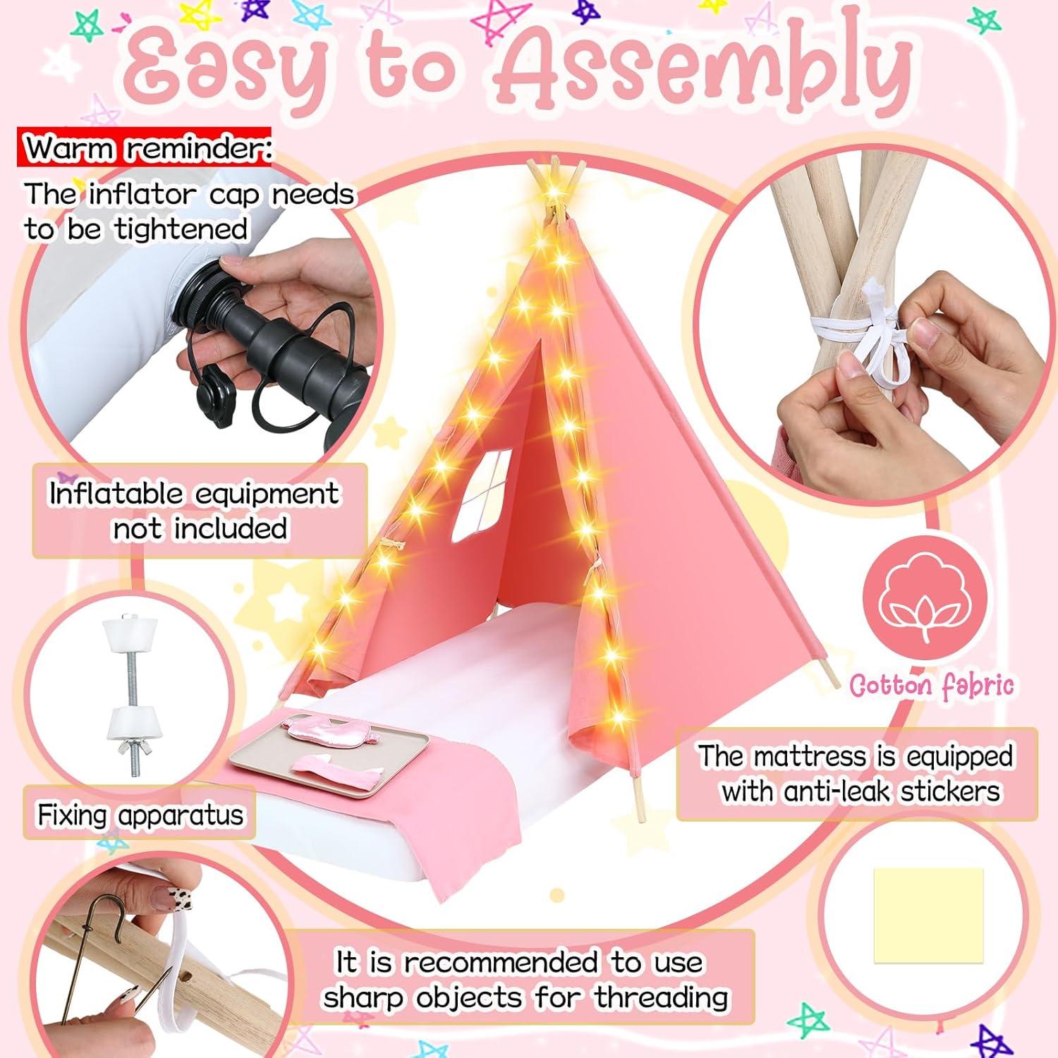 Tienda Teepee Windyun Rosa 4 Pack con Colchón y Luces