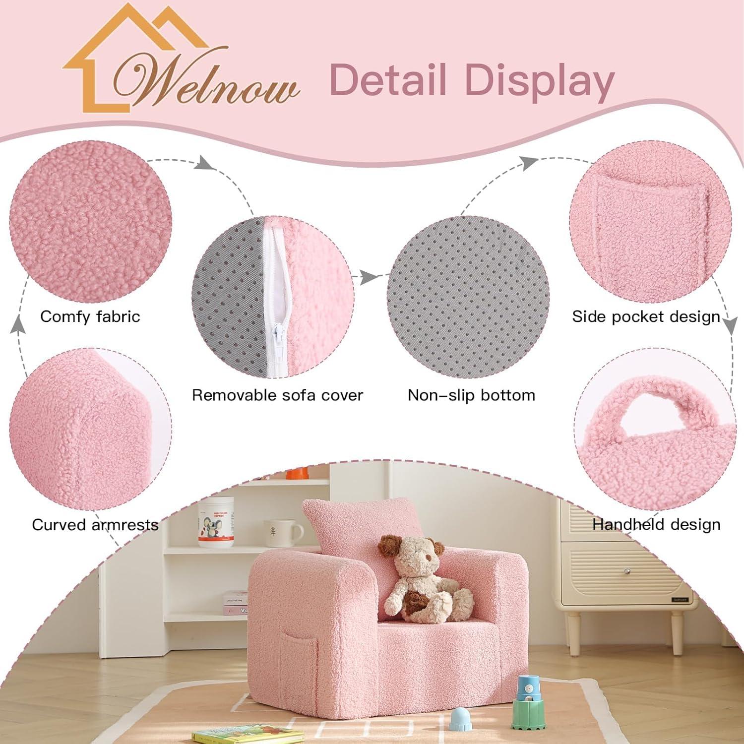 Sofá Infantil Welnow Rosa Sherpa con Almohada Suave