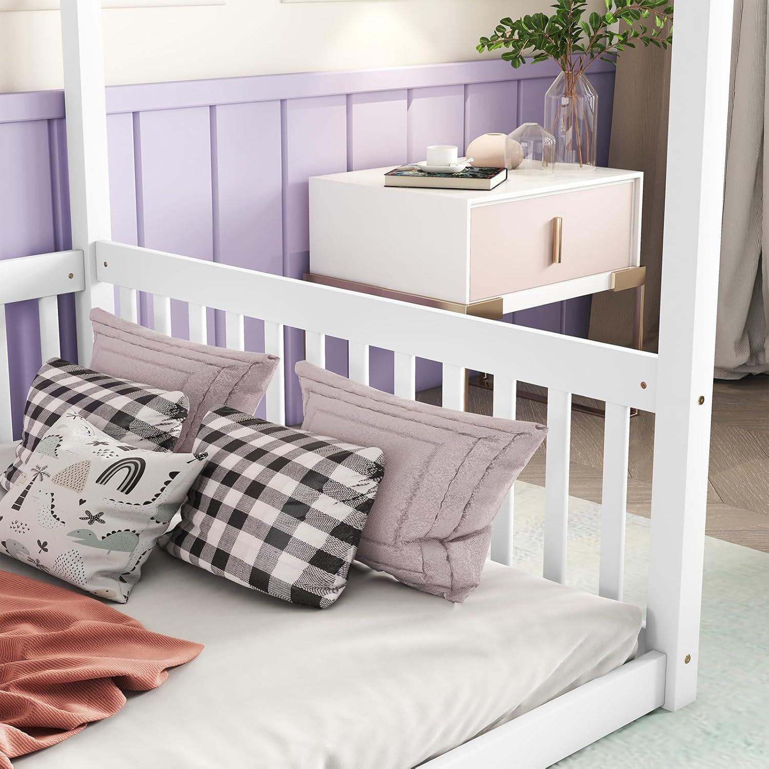 Cama Canopy Completo CNANXU Blanca con Barandillas y Cerca