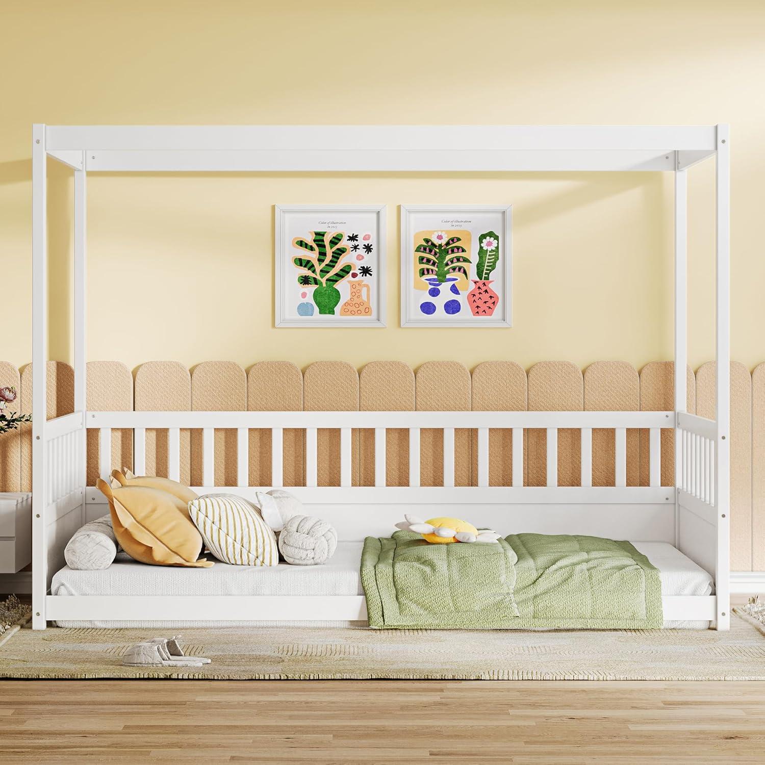 Cama Montessori Twin TCMILA de Madera Blanca con Barandillas