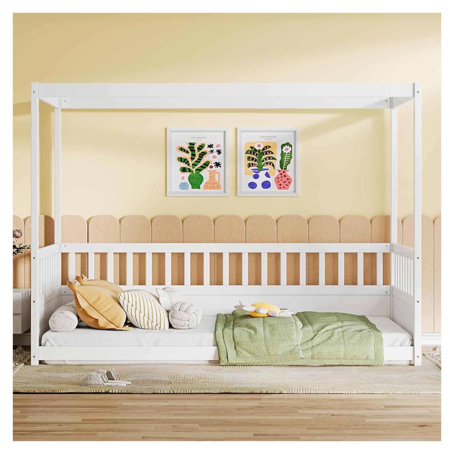 Cama Canopy Twin Aurnienofus Blanca con Barandillas Altas