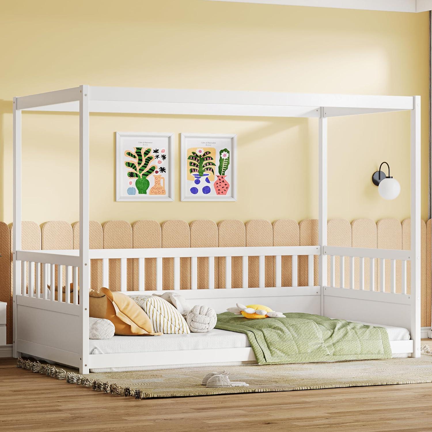 Cama Canopy Twin Aurnienofus Blanca con Barandillas Altas