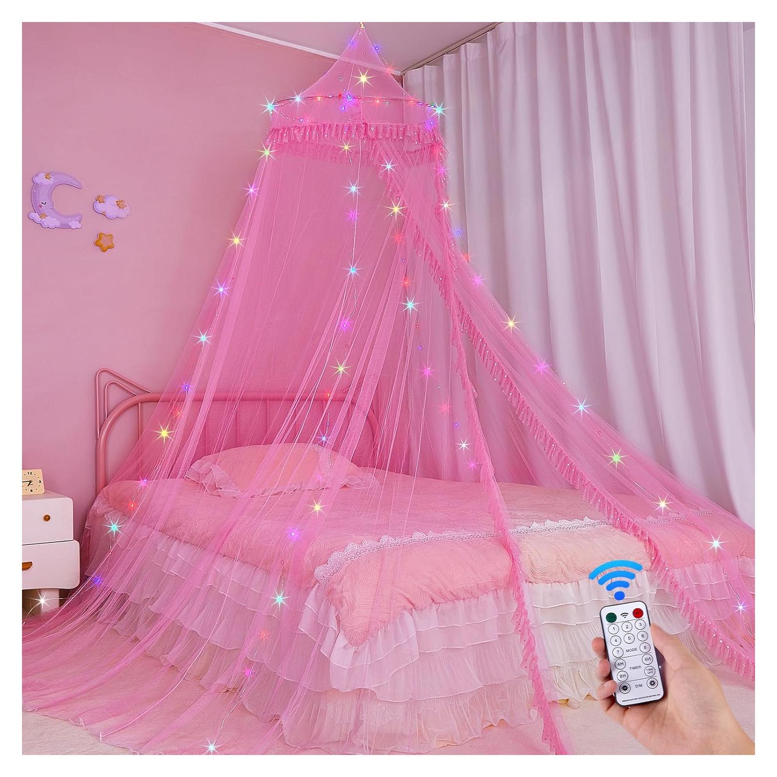 Dosel de Cama Beinou Rosa con Luces LED y Control Remoto