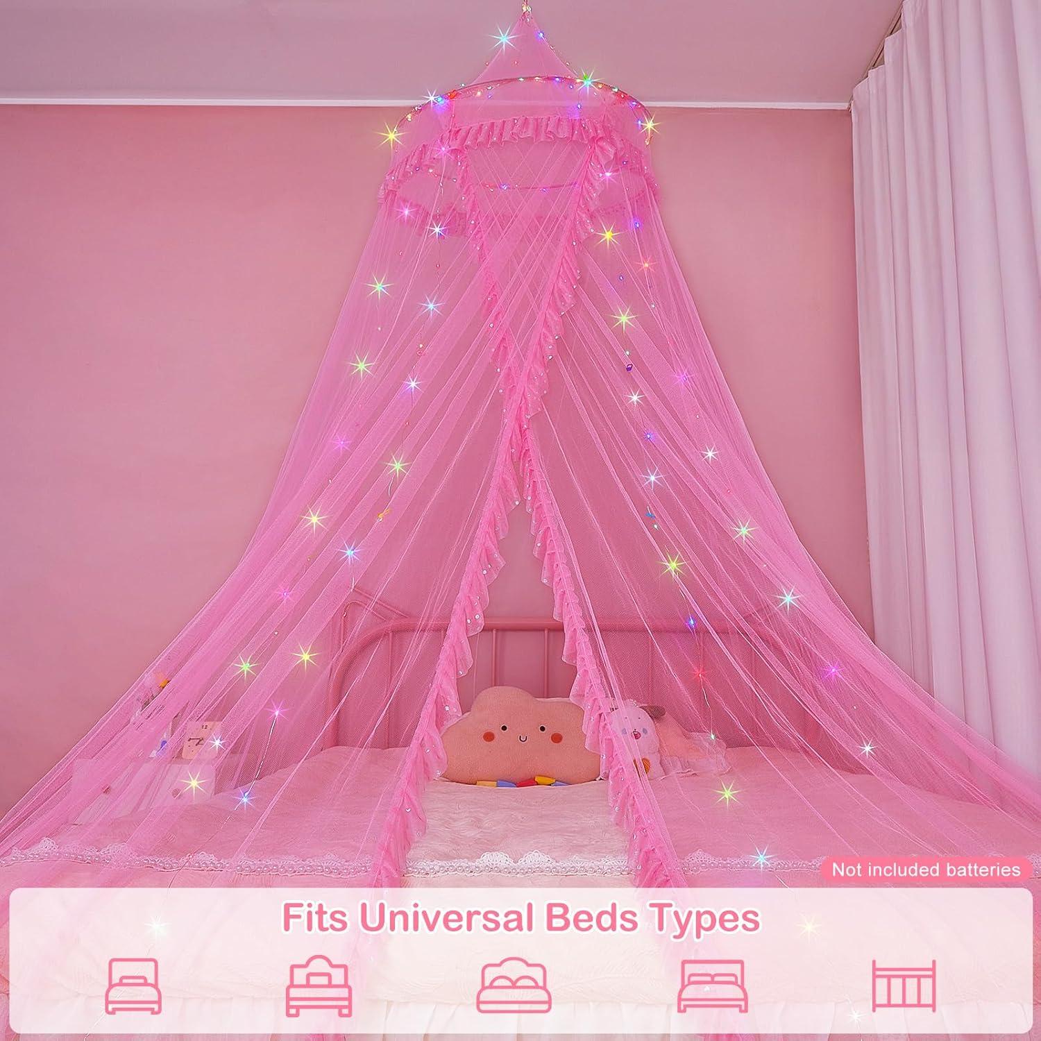 Dosel de Cama Beinou Rosa con Luces LED y Control Remoto