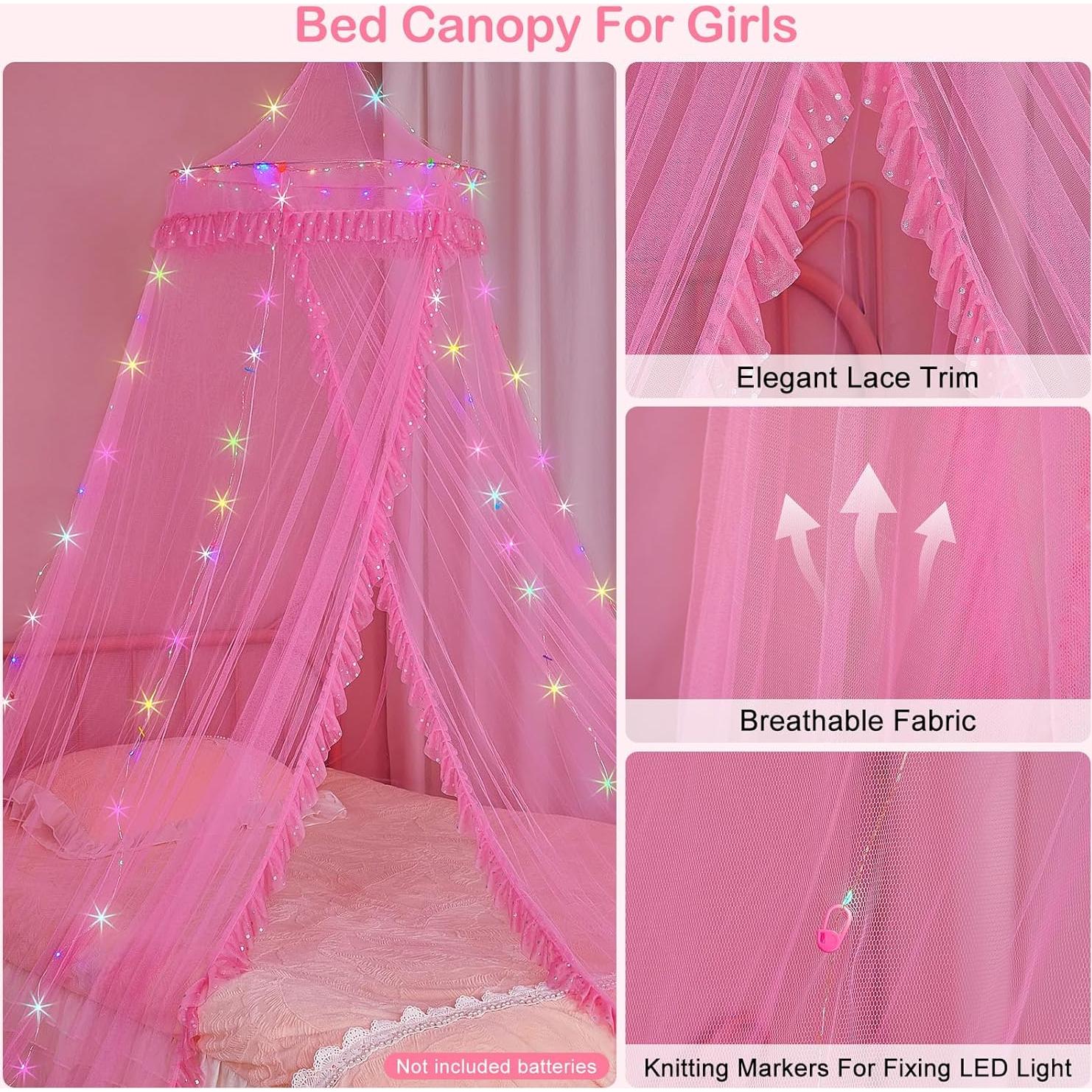 Dosel de Cama Beinou Rosa con Luces LED y Control Remoto