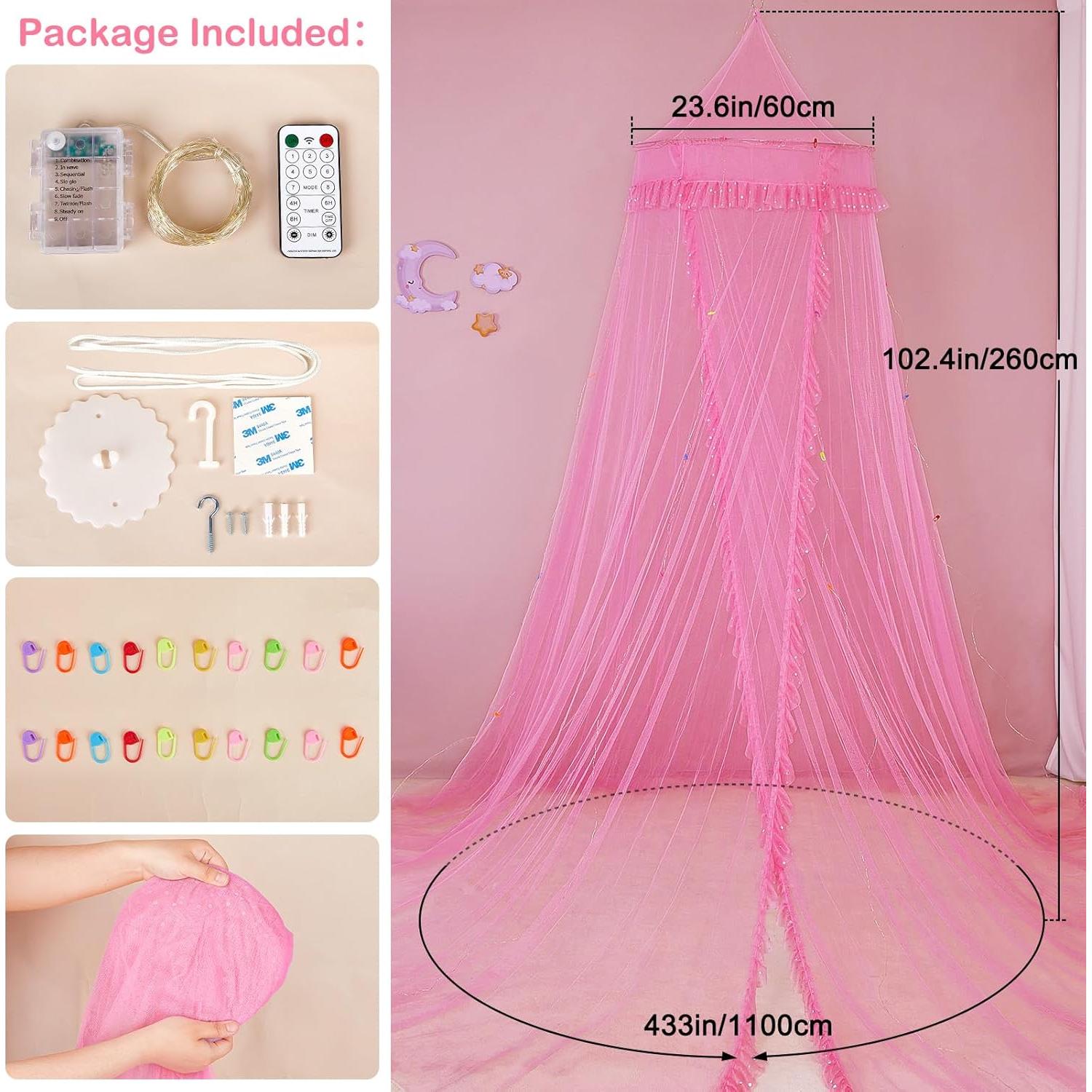 Dosel de Cama Beinou Rosa con Luces LED y Control Remoto