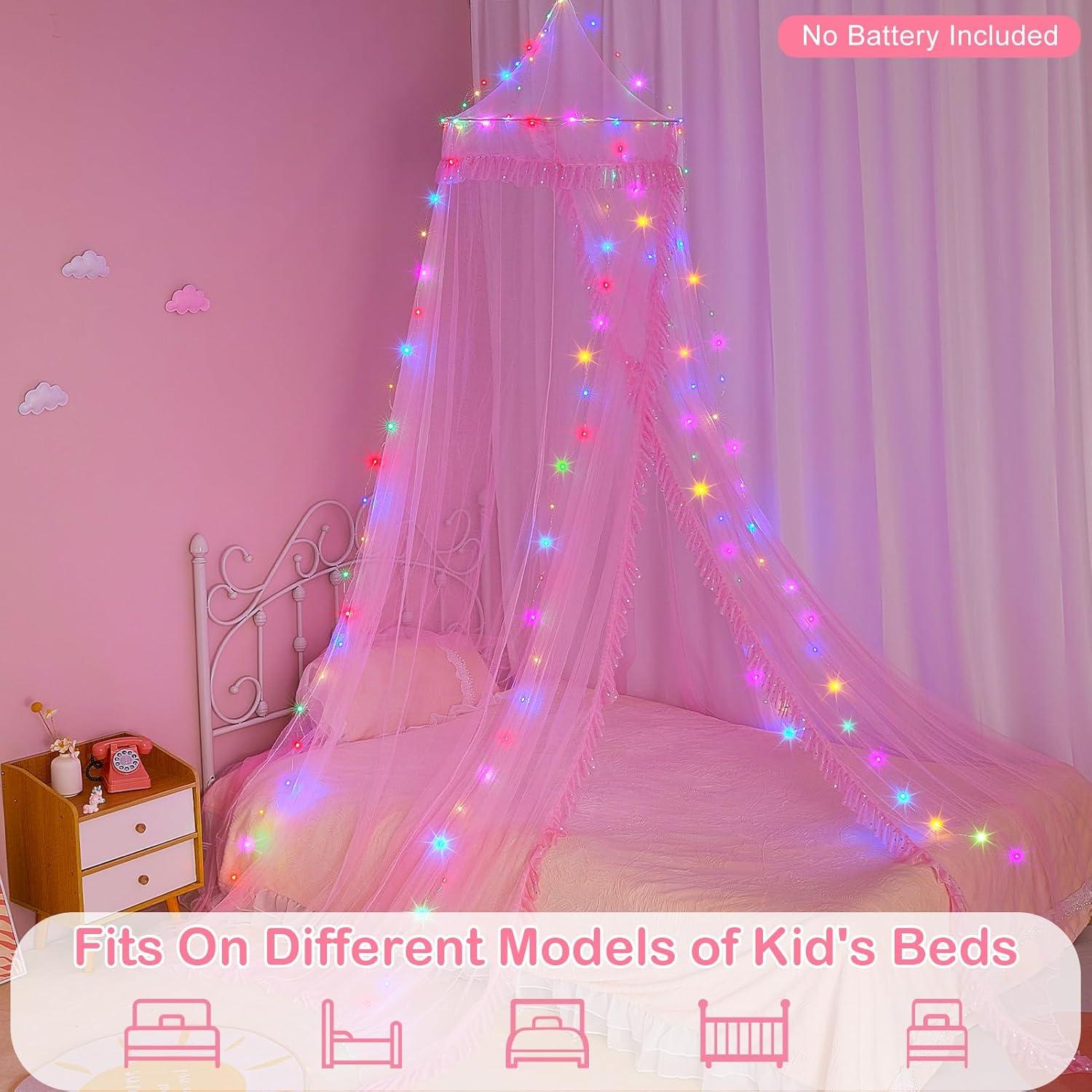 Dosel de Cama Unicornio Rosa con Luces LED y Temporizador