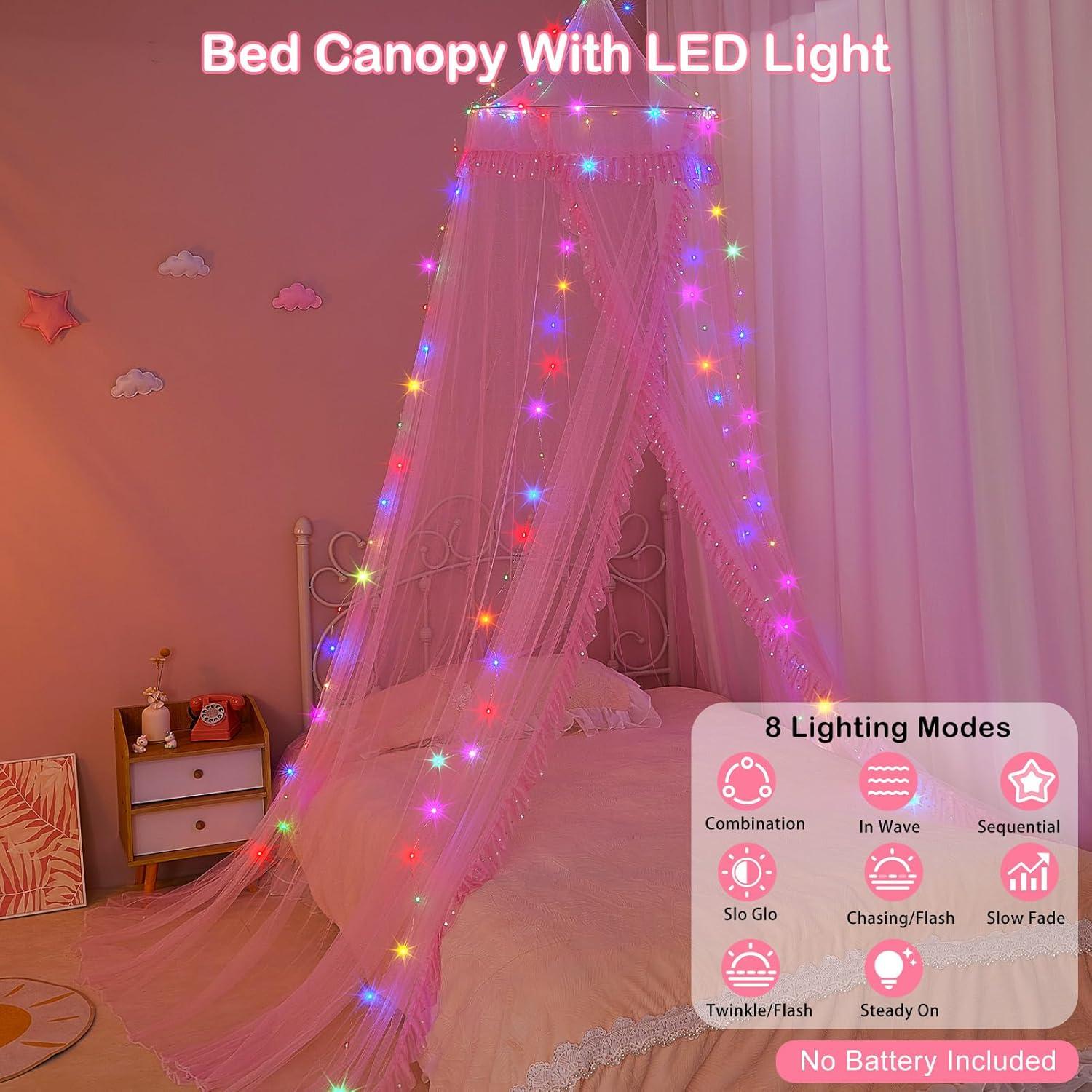 Dosel de Cama Unicornio Rosa con Luces LED y Temporizador