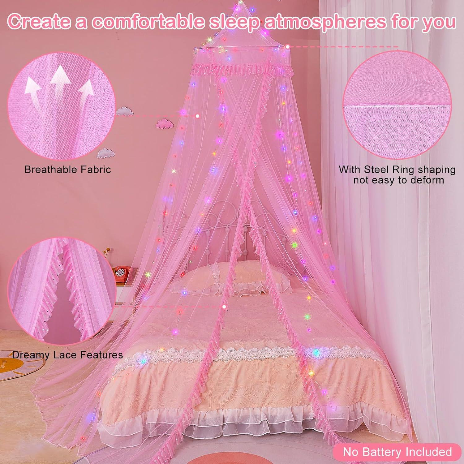Dosel de Cama Unicornio Rosa con Luces LED y Temporizador