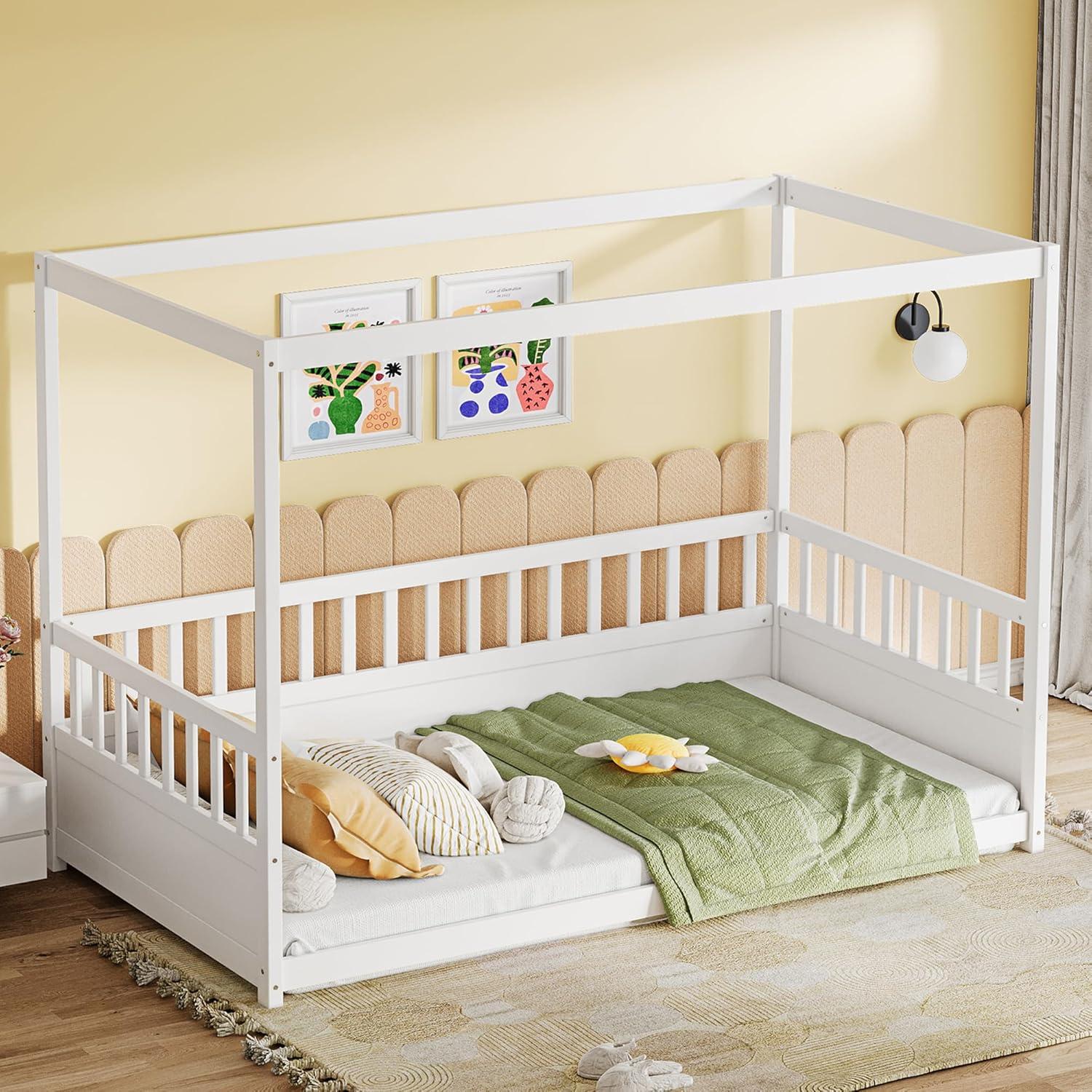 Cama Montessori Twin Ball & Cast con Dosel y Barandillas Blancas