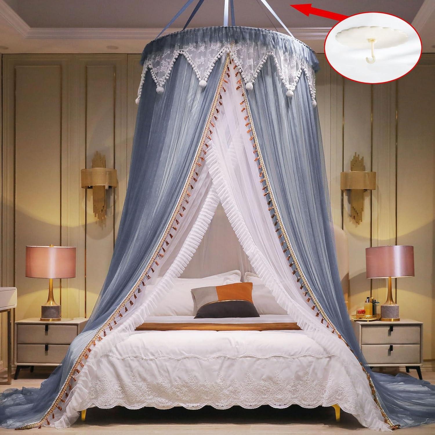 Cortina de Cama AIKASY con Dosel y Luces Estrelladas - Blanca/Azul