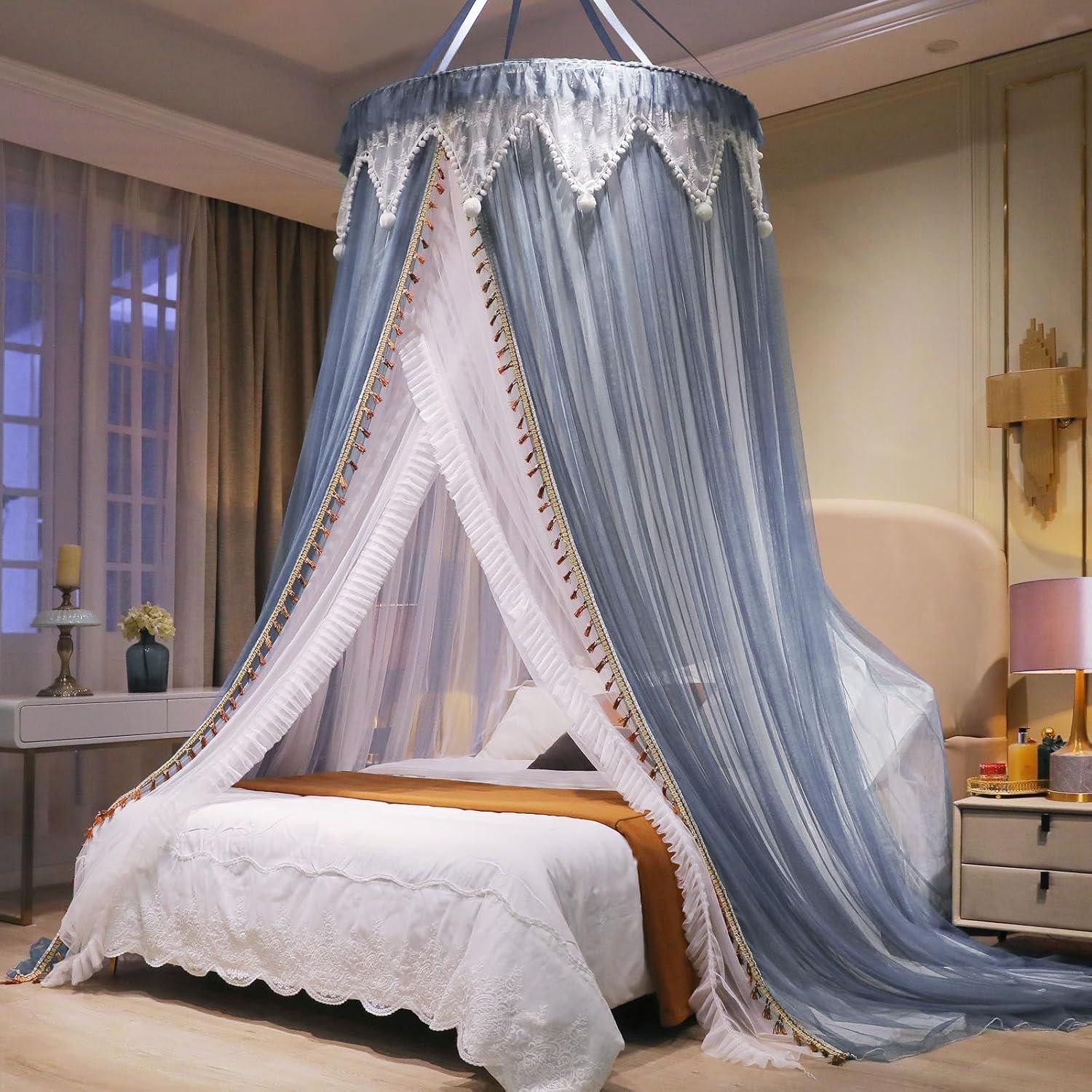 Cortina de Cama AIKASY con Dosel y Luces Estrelladas - Blanca/Azul