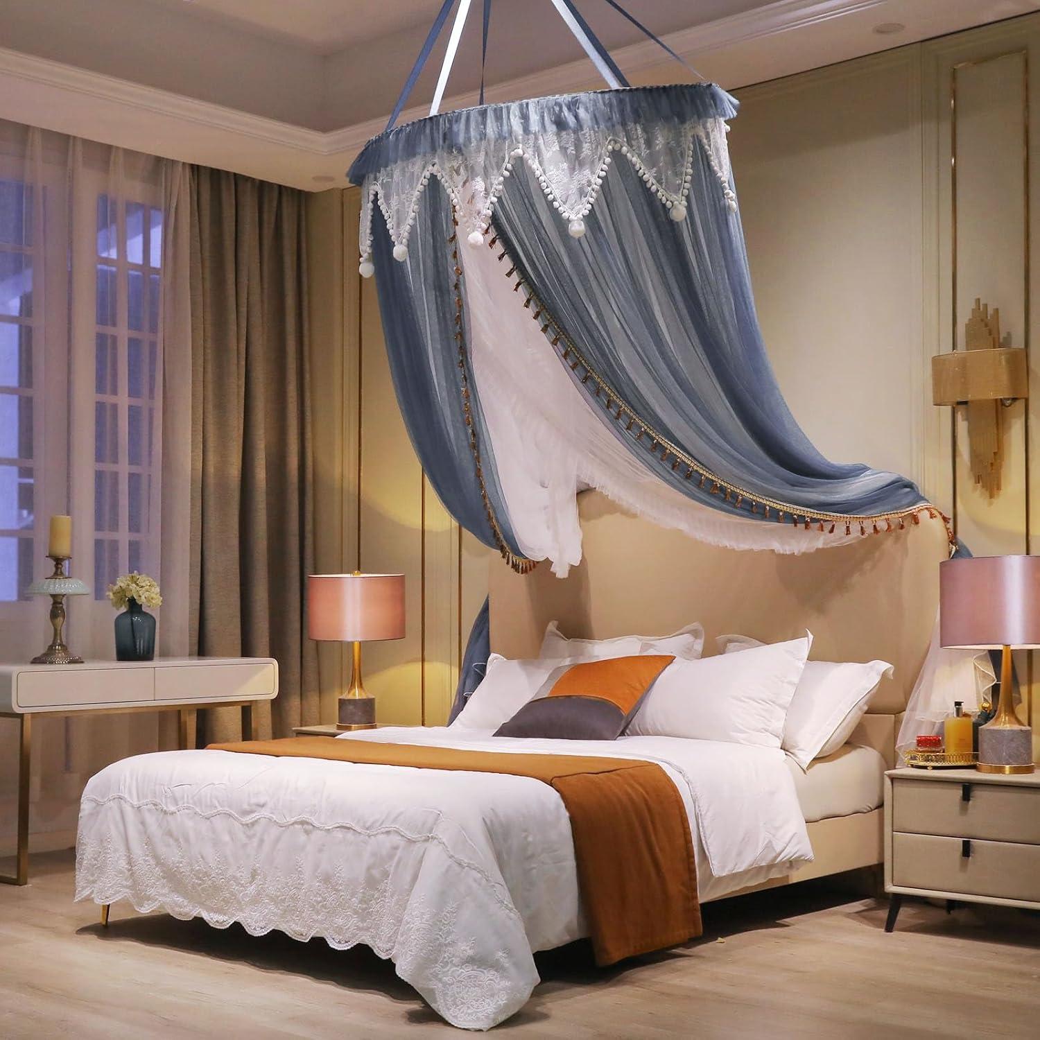 Cortina de Cama AIKASY con Dosel y Luces Estrelladas - Blanca/Azul