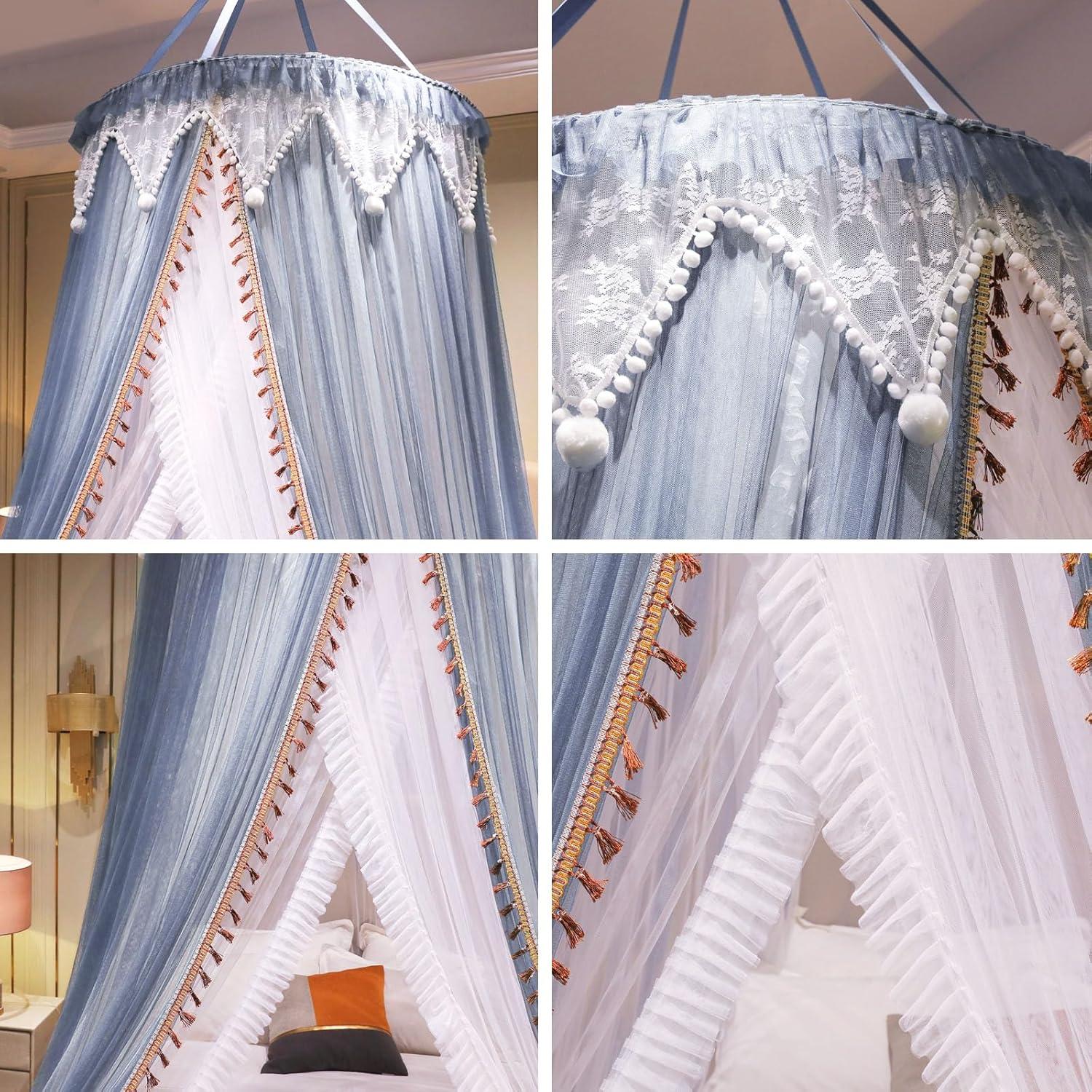 Cortina de Cama AIKASY con Dosel y Luces Estrelladas - Blanca/Azul