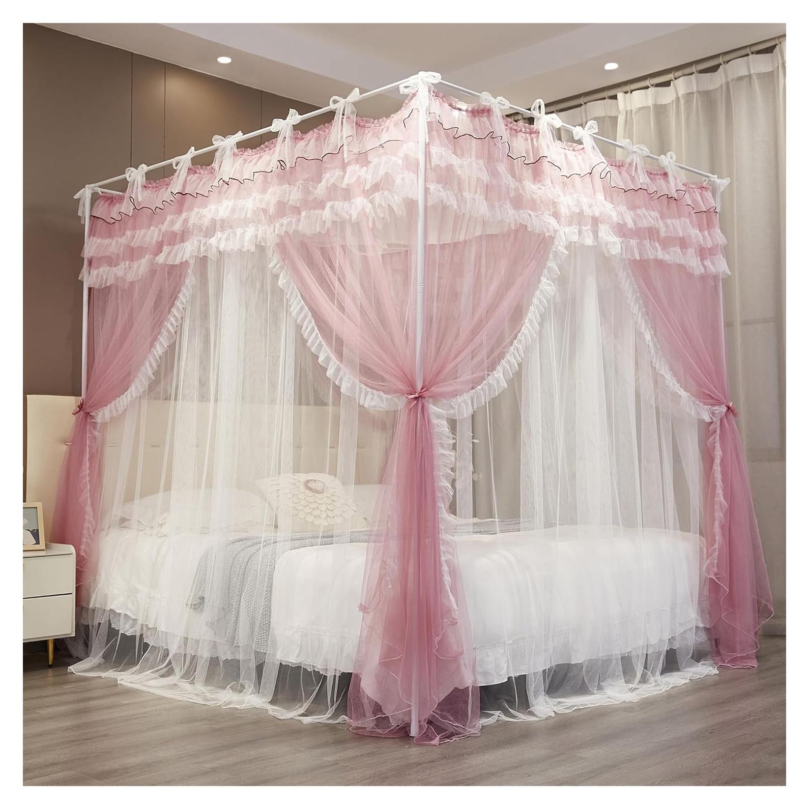 Cortina de Dosel de Cama NXGIO Rosa/Blanco 149.86x208.28 cm