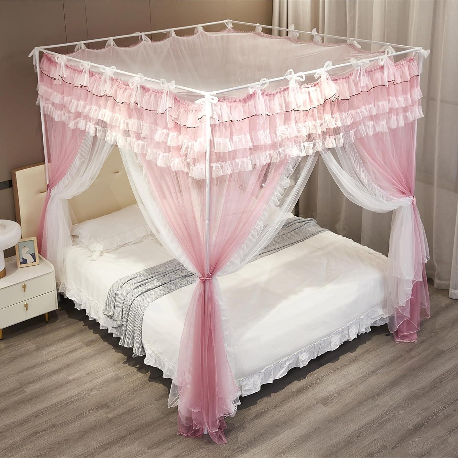 Cortina de Dosel de Cama NXGIO Rosa/Blanco 149.86x208.28 cm