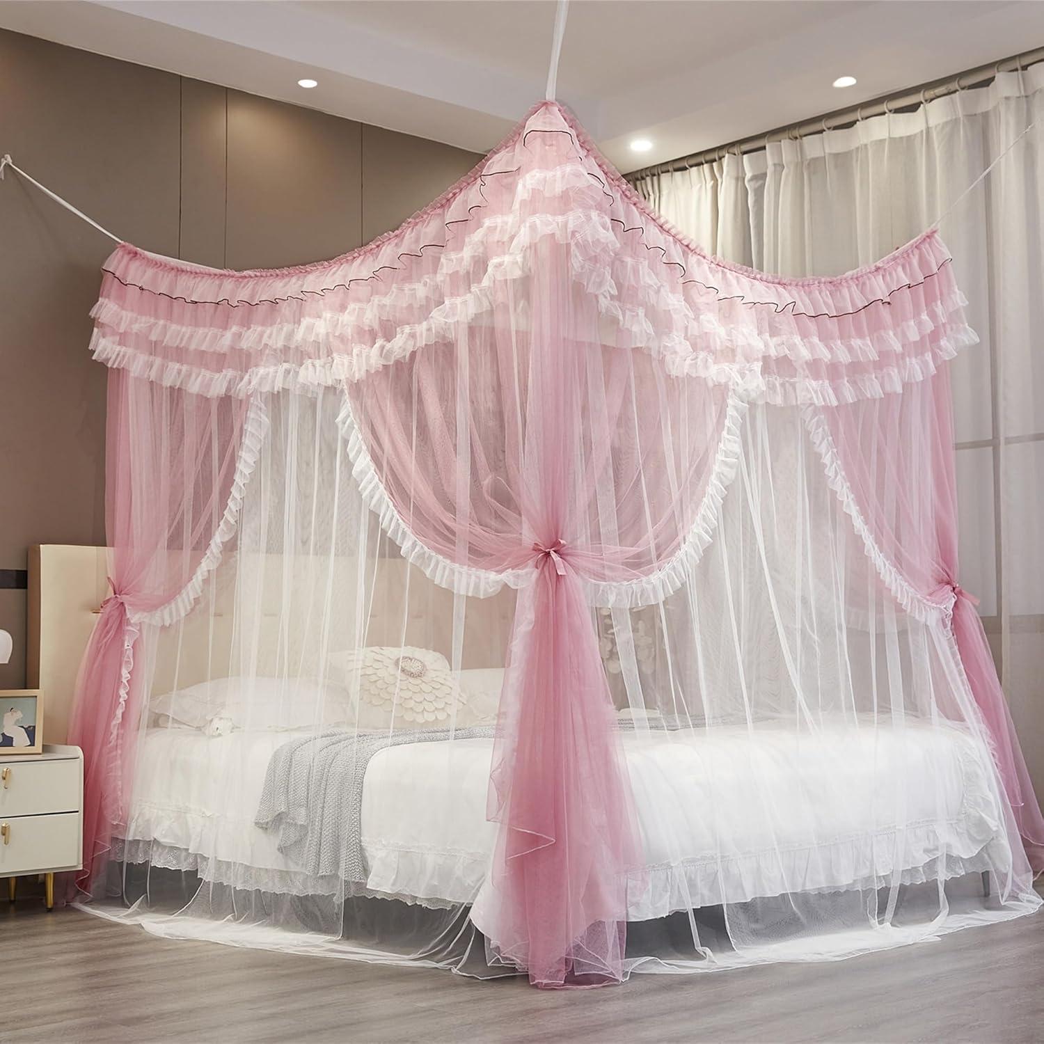 Cortina de Dosel de Cama NXGIO Rosa/Blanco 149.86x208.28 cm