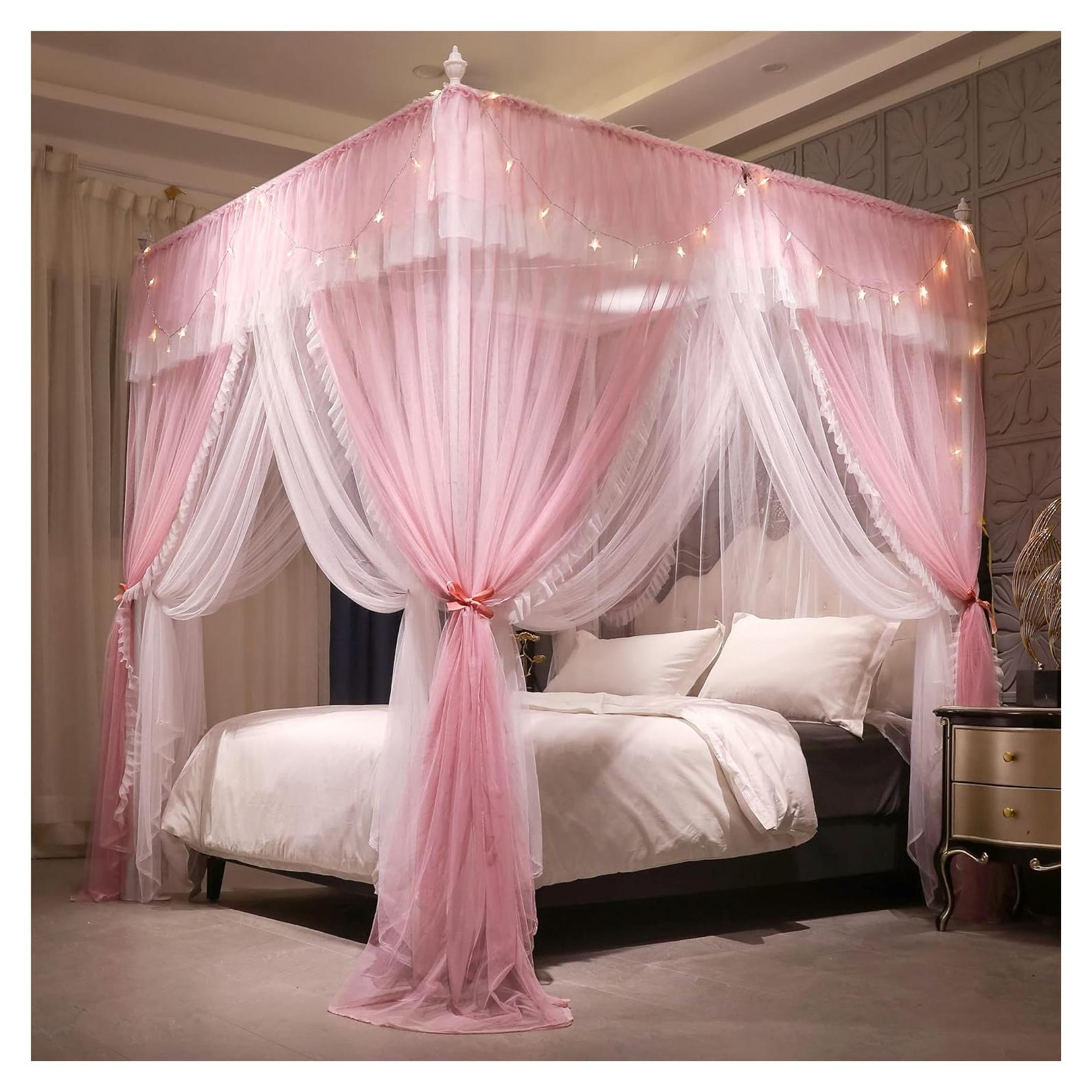 Dosel de Cama VETHIN Rosa/Blanco 119x198 cm con Red Antimosquitos