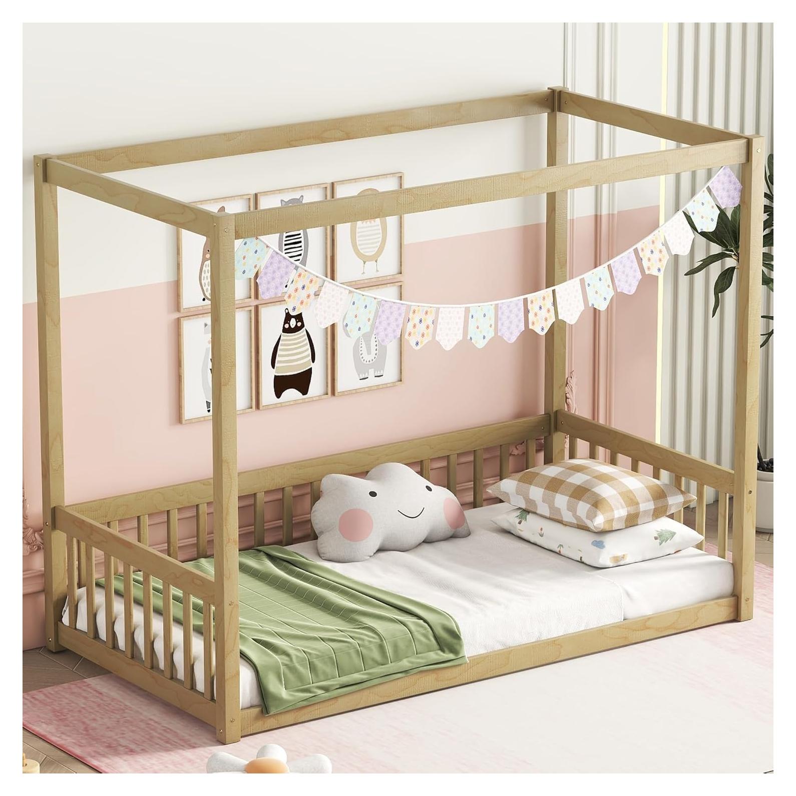 Cama Canopy Completa MERITLINE de Madera Sólida Natural