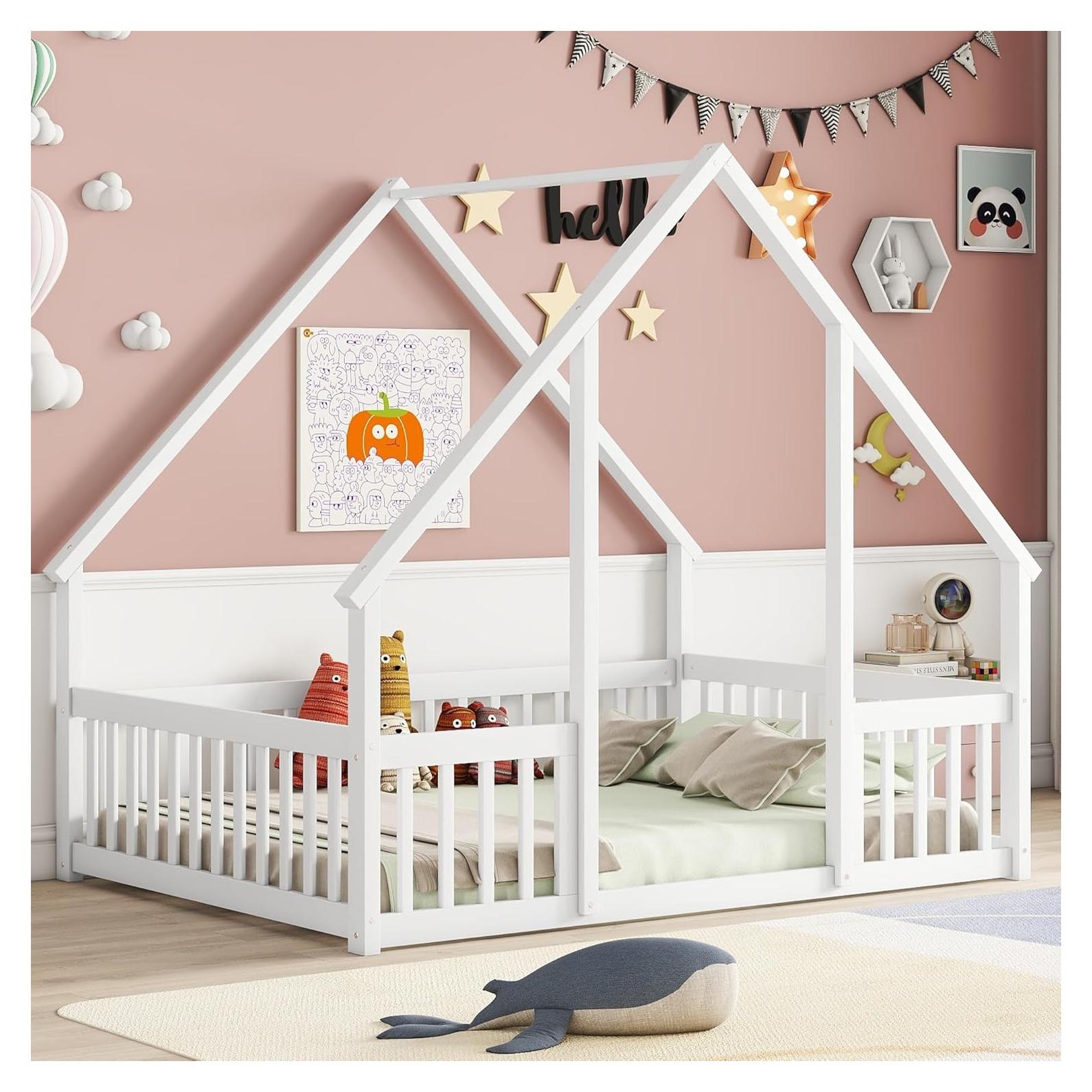 Cama Montessori Completa MERITLINE Blanca con Techo y Cerca