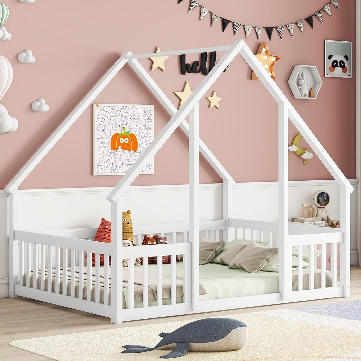 Cama Montessori Completa MERITLINE Blanca con Techo y Cerca