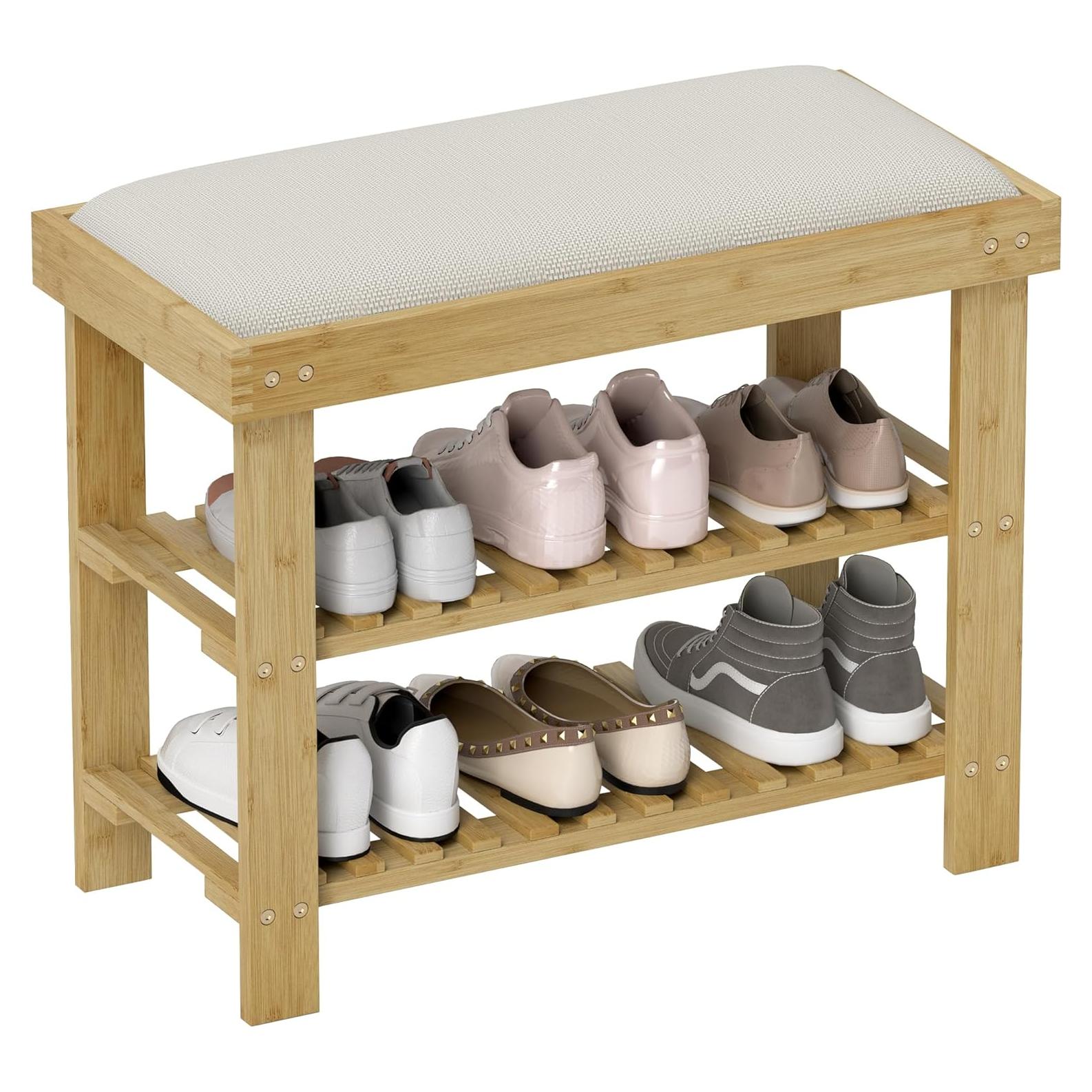 Banco de Entrada HOMCOM de Bambú con Almacenamiento y Cojín 60x29x49cm