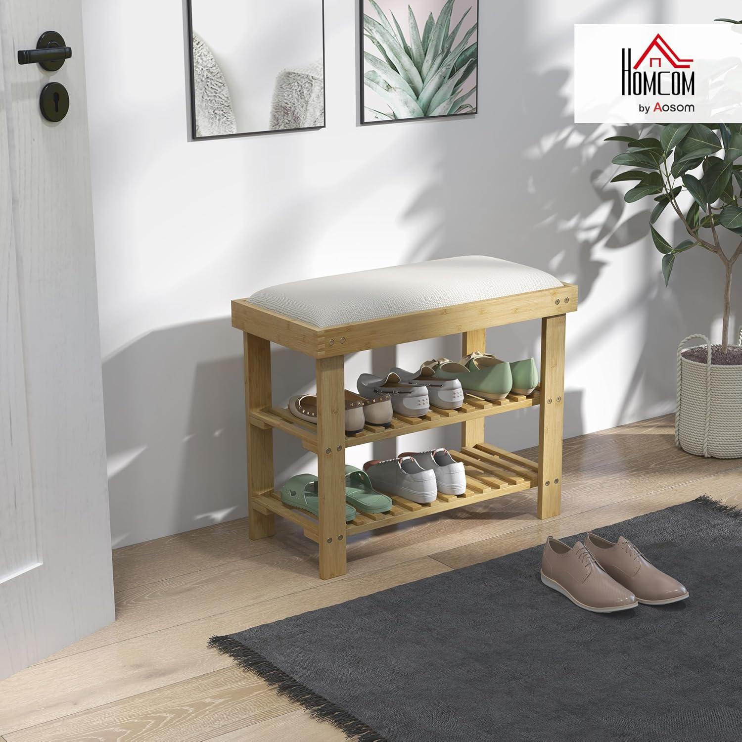 Banco de Entrada HOMCOM de Bambú con Almacenamiento y Cojín 60x29x49cm