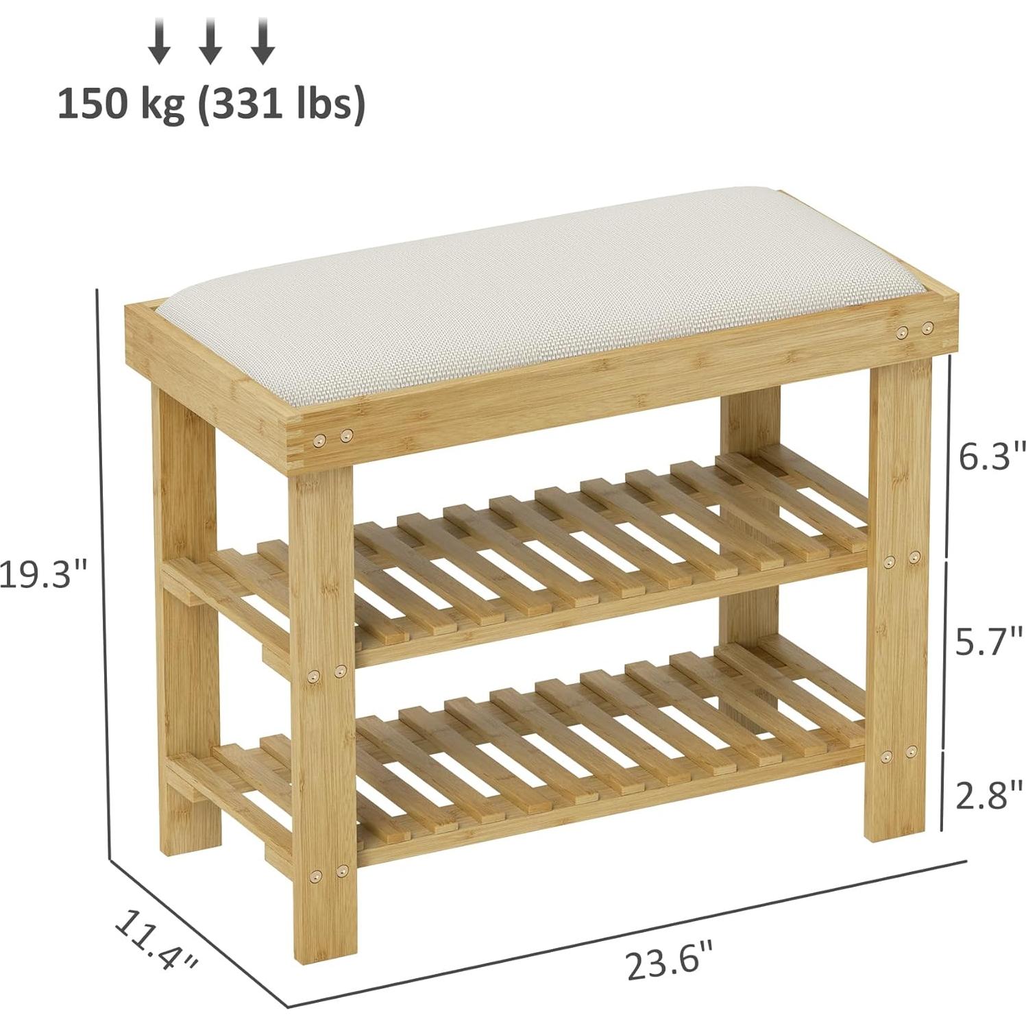 Banco de Entrada HOMCOM de Bambú con Almacenamiento y Cojín 60x29x49cm