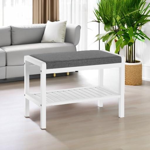 Banco para Zapatos SONGMICS con Cojín Tapizado Gris y Blanco